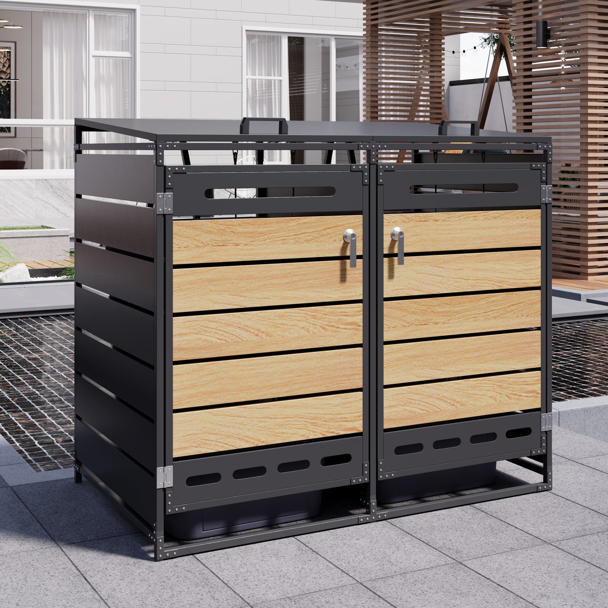 Bin Storage Unit with Hydraulic Lid and Slotted Ventilation, Iron with Wood-Look Cladding
