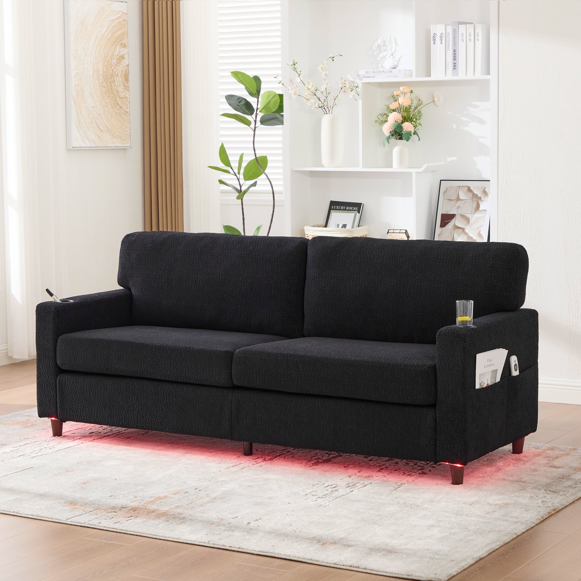 Modern 2-Seater Sofa USB-C LED Cup Holders Side Pockets - Black Chenille