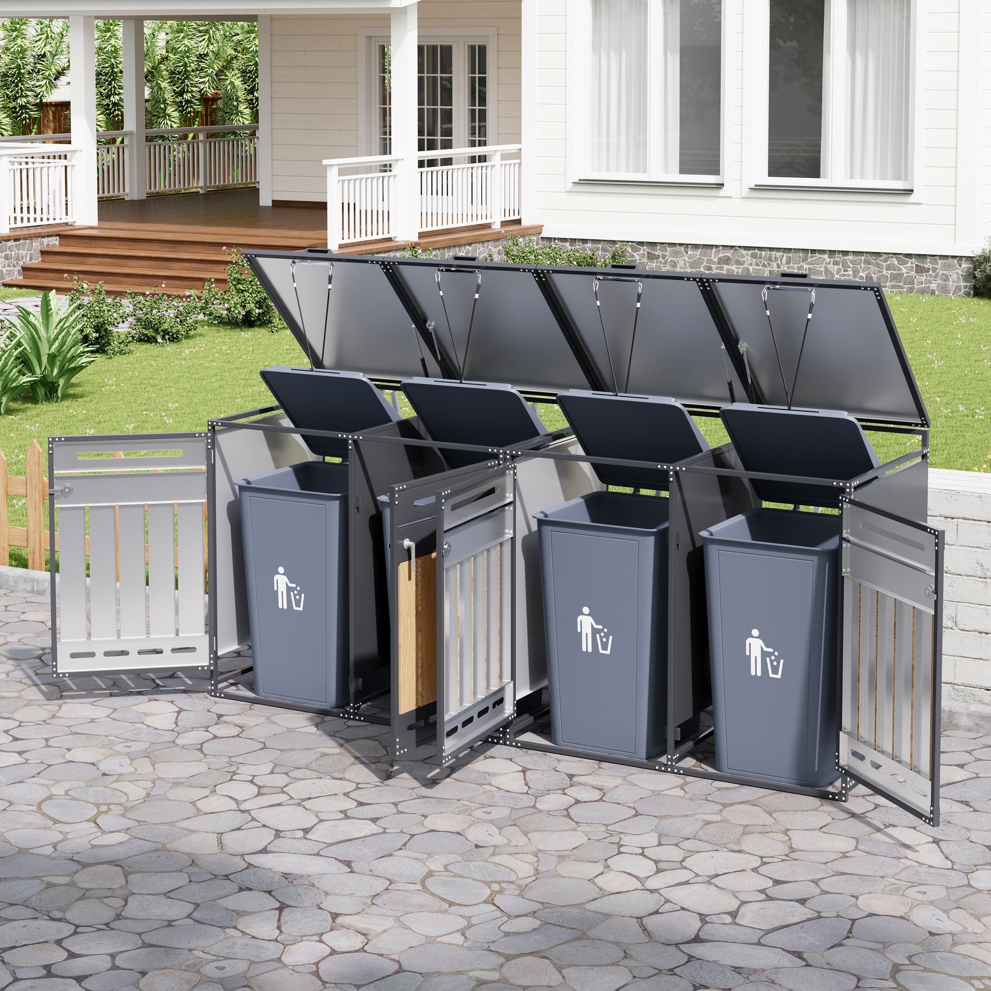 Bin Storage Cabinet, Set of 4 with Hydraulic Lids and Vertical Cladding, Iron Wood-Look