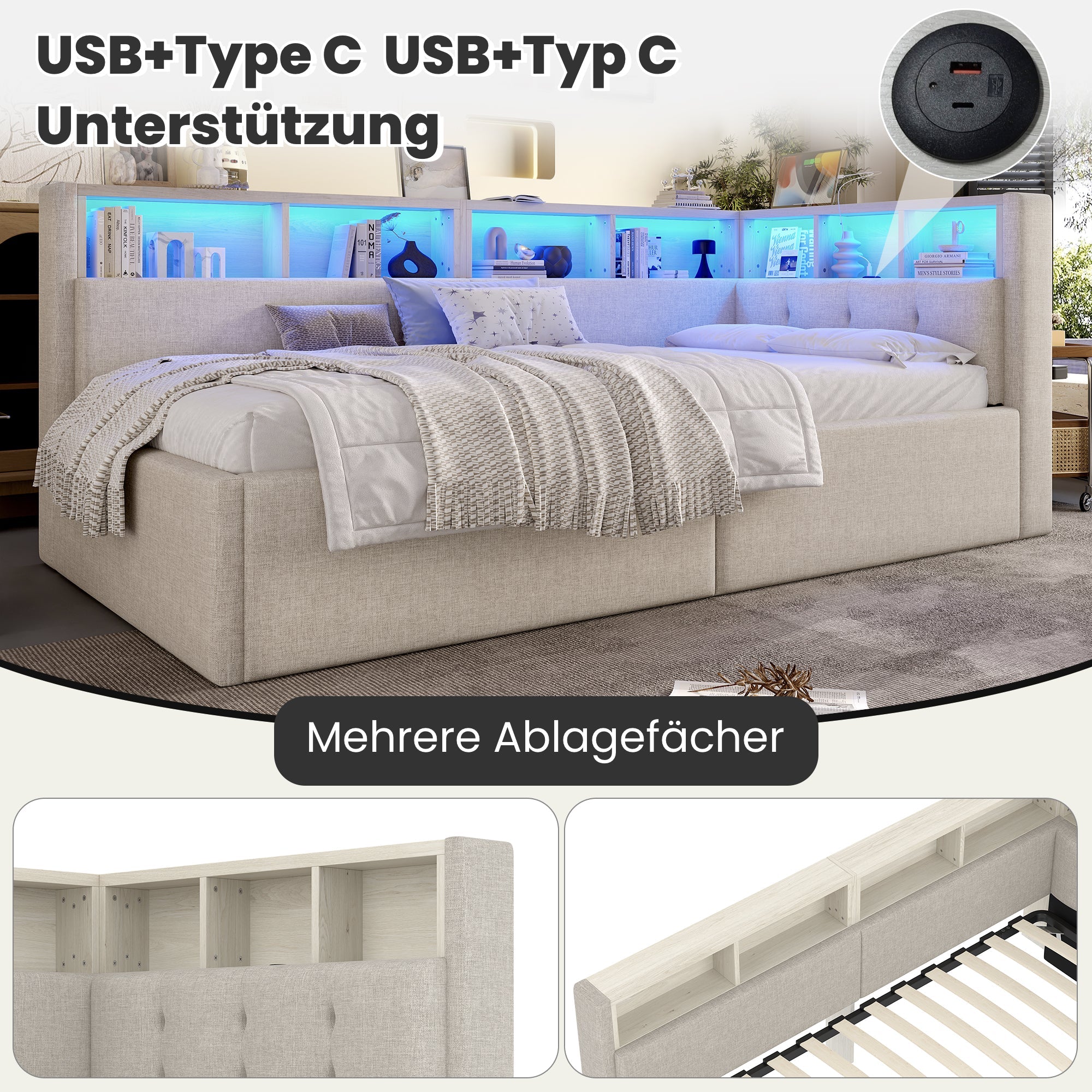 Daybed with USB Ports, Hydraulic Storage and LED, 90x200cm, Beige Linen