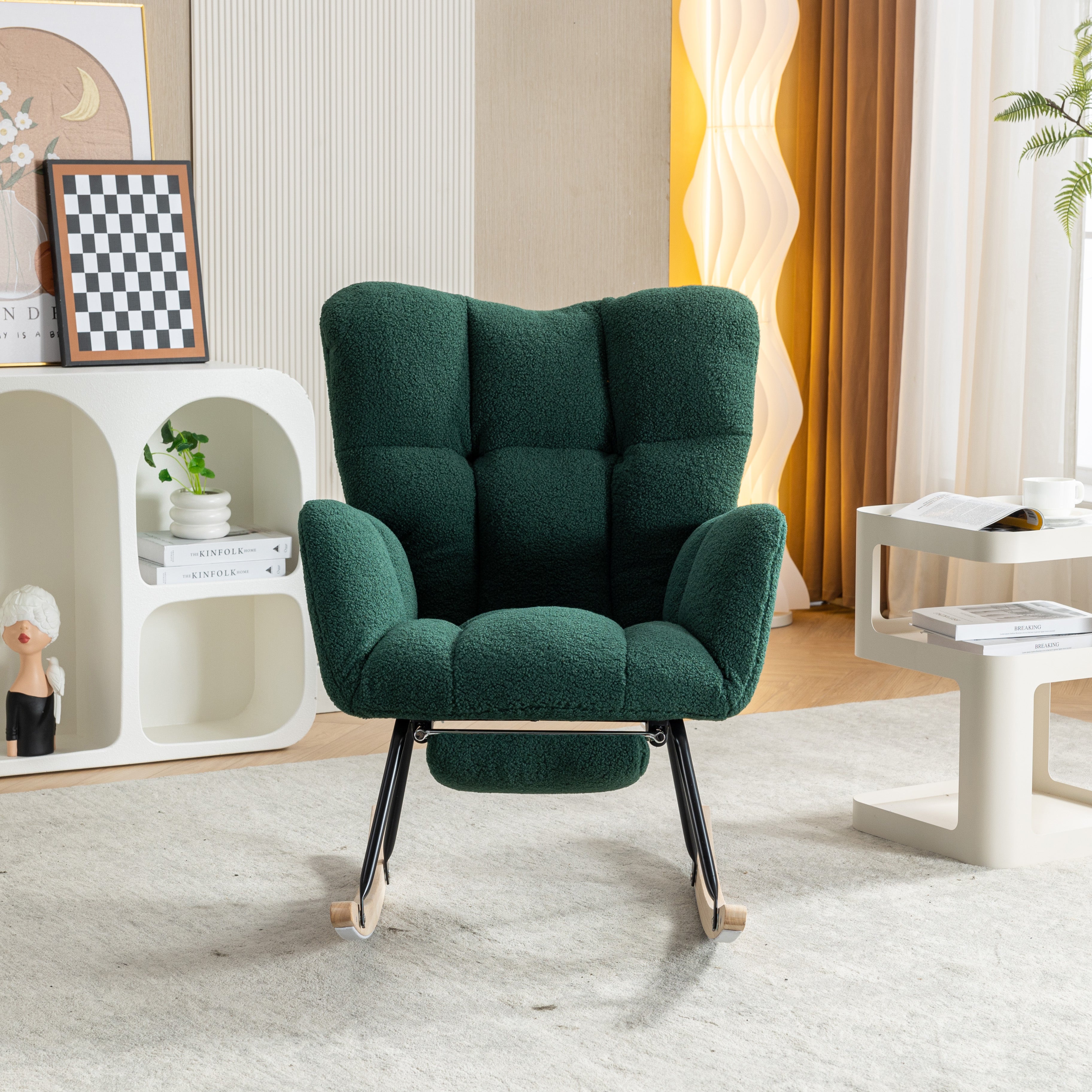009B Rocking Chair, Modern Upholstered, Extendable Footrest, Green Teddy Fabric