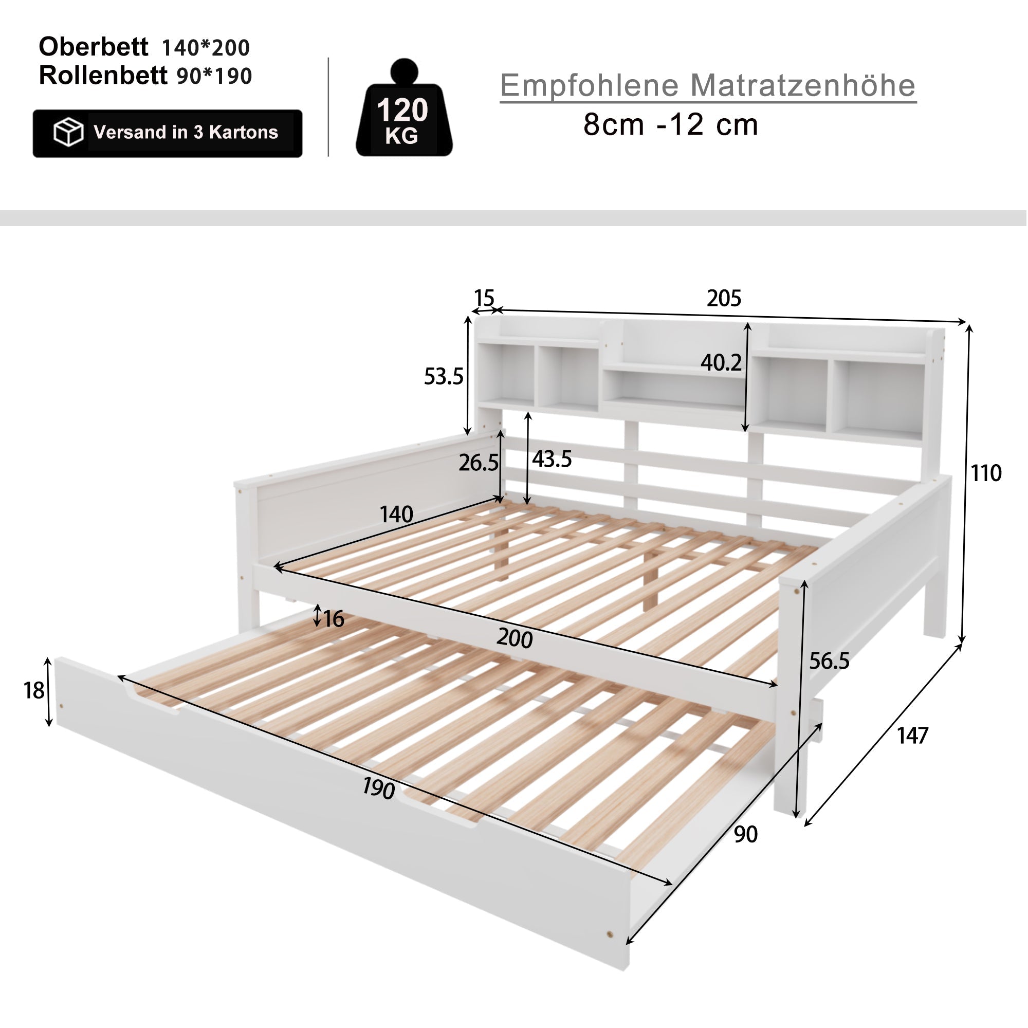 Sofa Bed, Pull-Out 140x200CM, Storage & Slatted Frame, Pine Wood White
