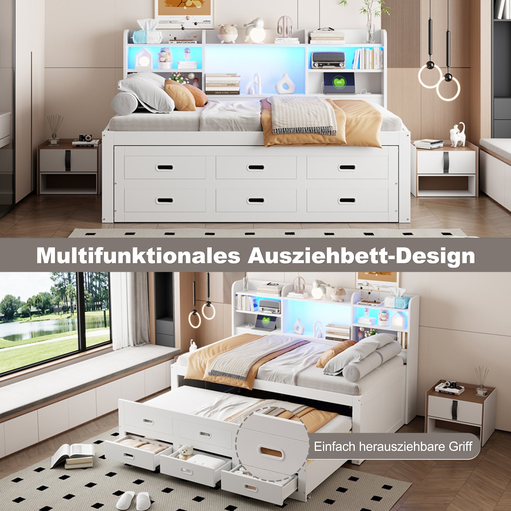 Sofa Bed Daybed 90x200cm Extendable LED 3 Drawers Shelf USB/Type-C - White