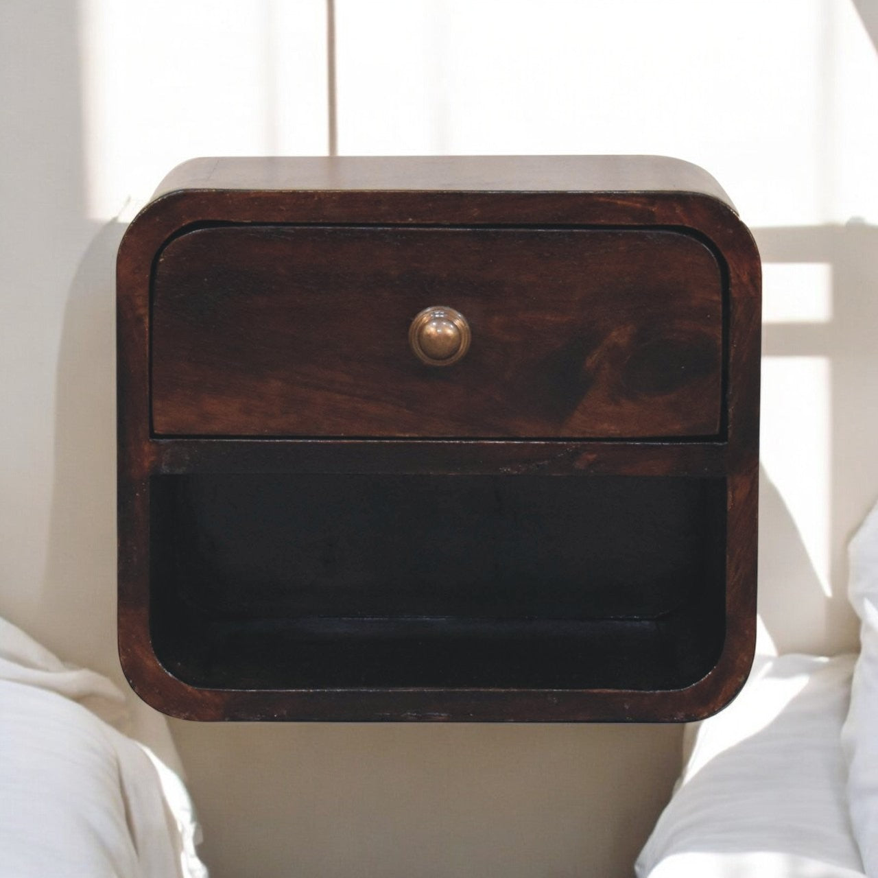 Solid Wood Bedside, Mini Curved Wall Mounted w/ Open Slot & 1 Drawer, Dark Brown
