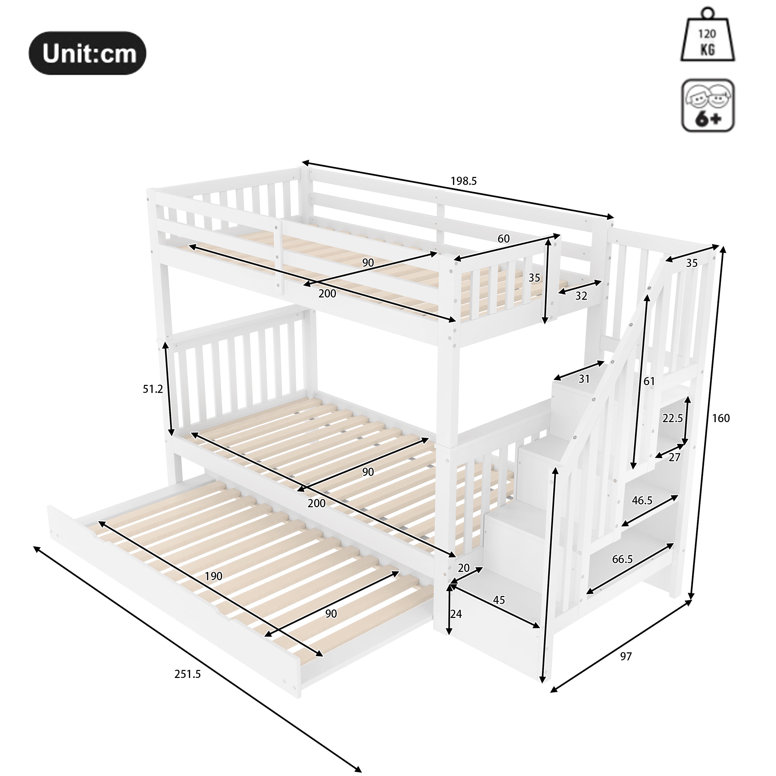 Bunk Bed with Staircase Storage and Pull-out Trundle, 90x200cm, White Pine and MDF