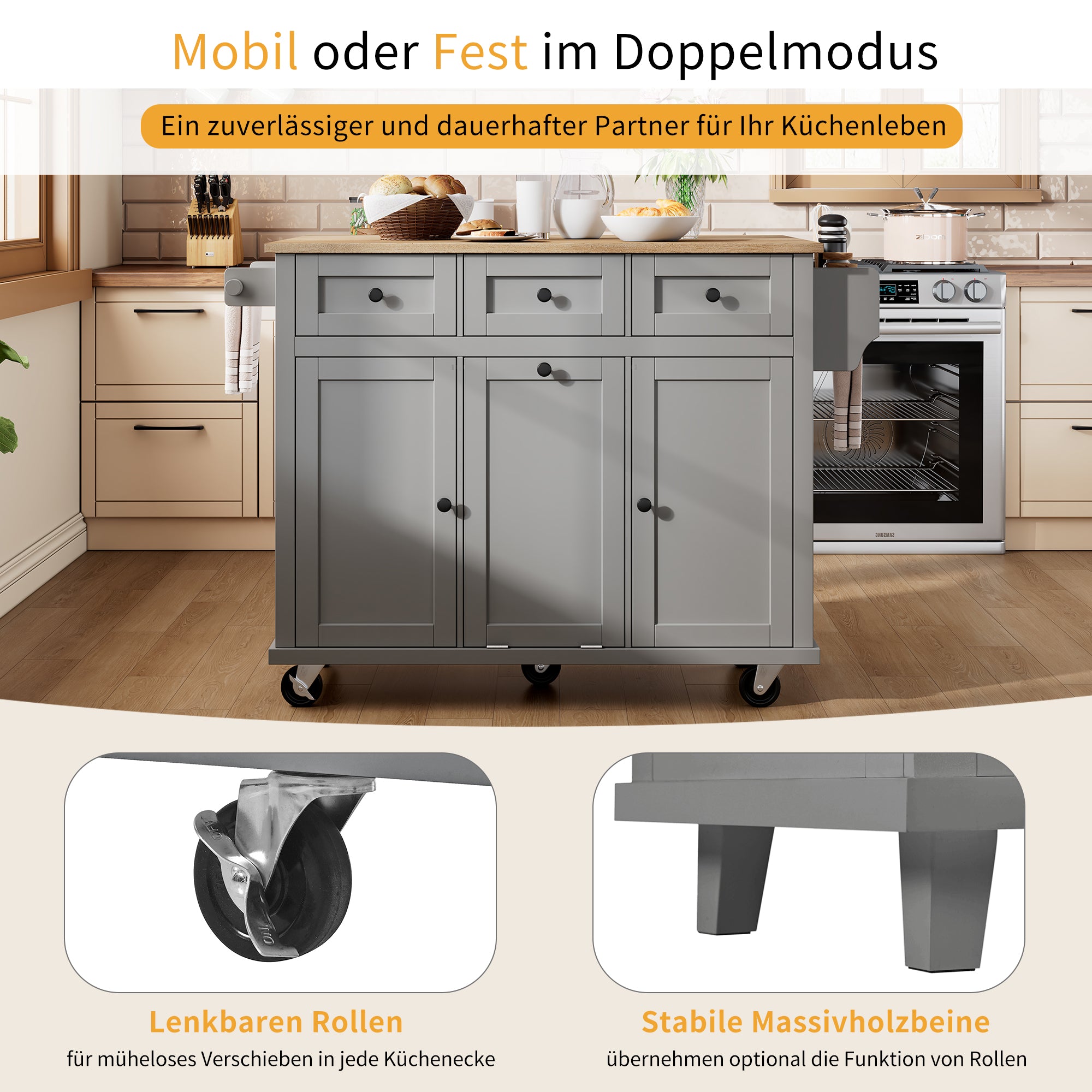 Kitchen Island with Wheels, Extendable Dining Area, Waste Bin & Drawers, Grey