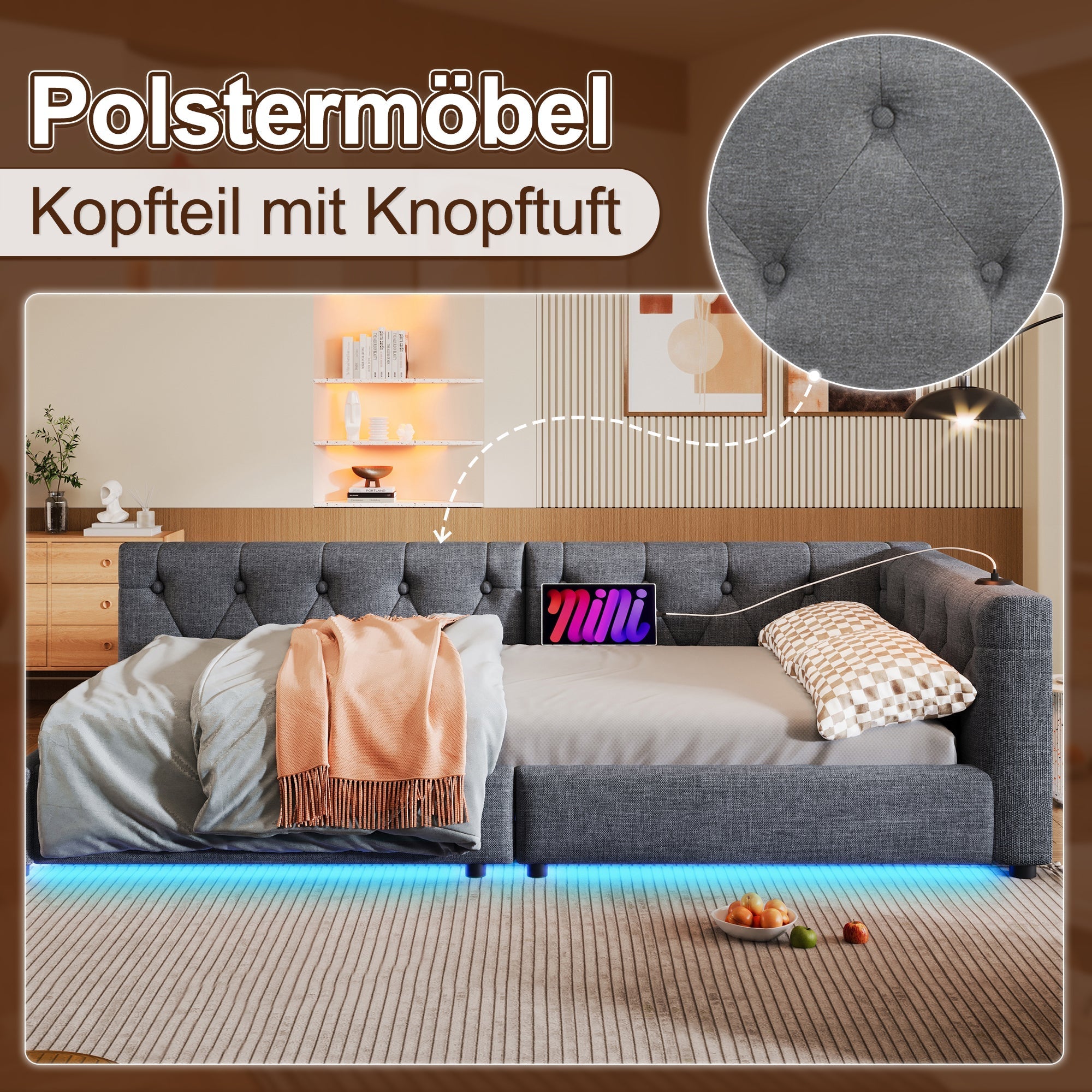 Sofa Daybed 90x200cm LED Light USB/Type-C Tufted Headboard - Linen Grey