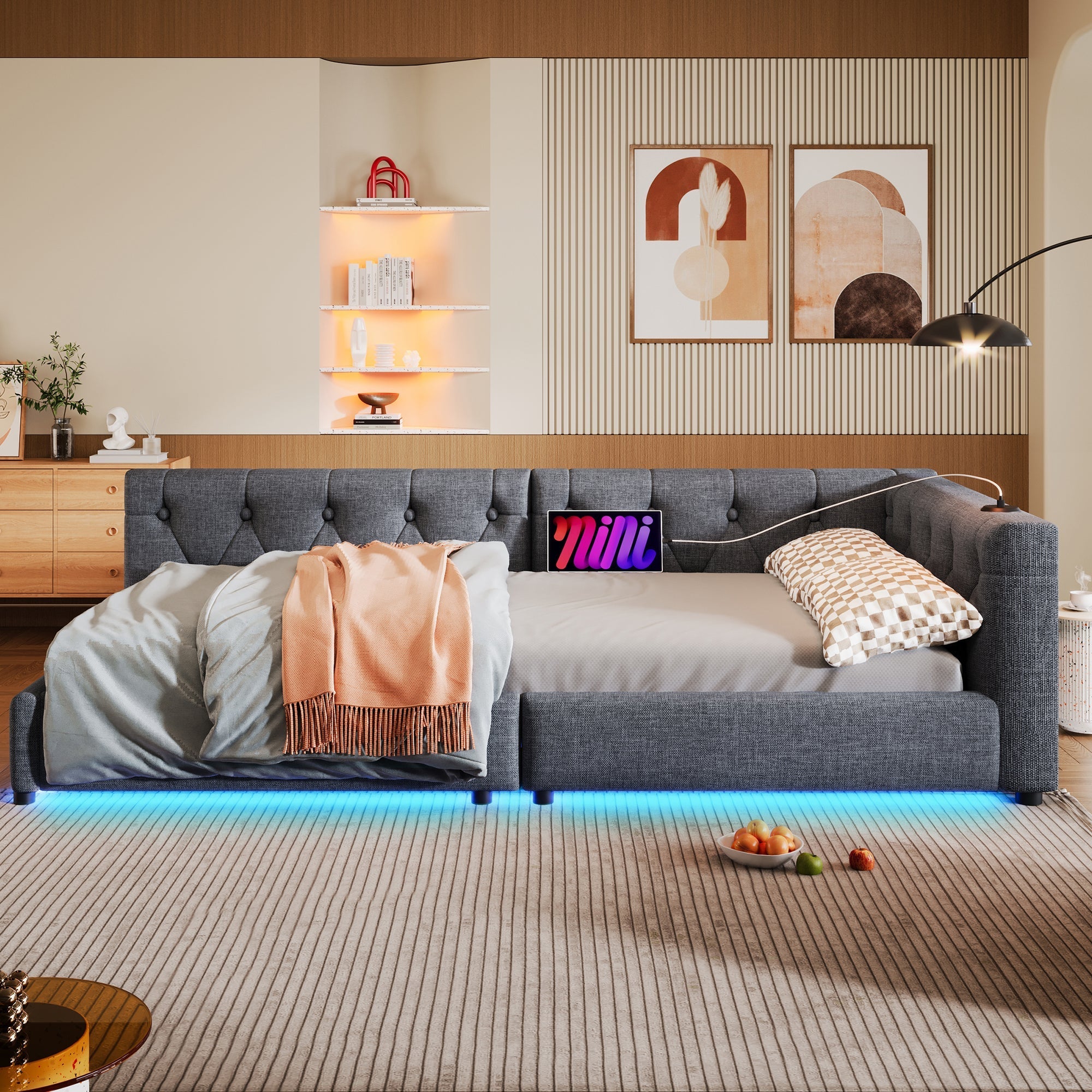 Sofa Daybed 90x200cm LED Light USB/Type-C Tufted Headboard - Linen Grey