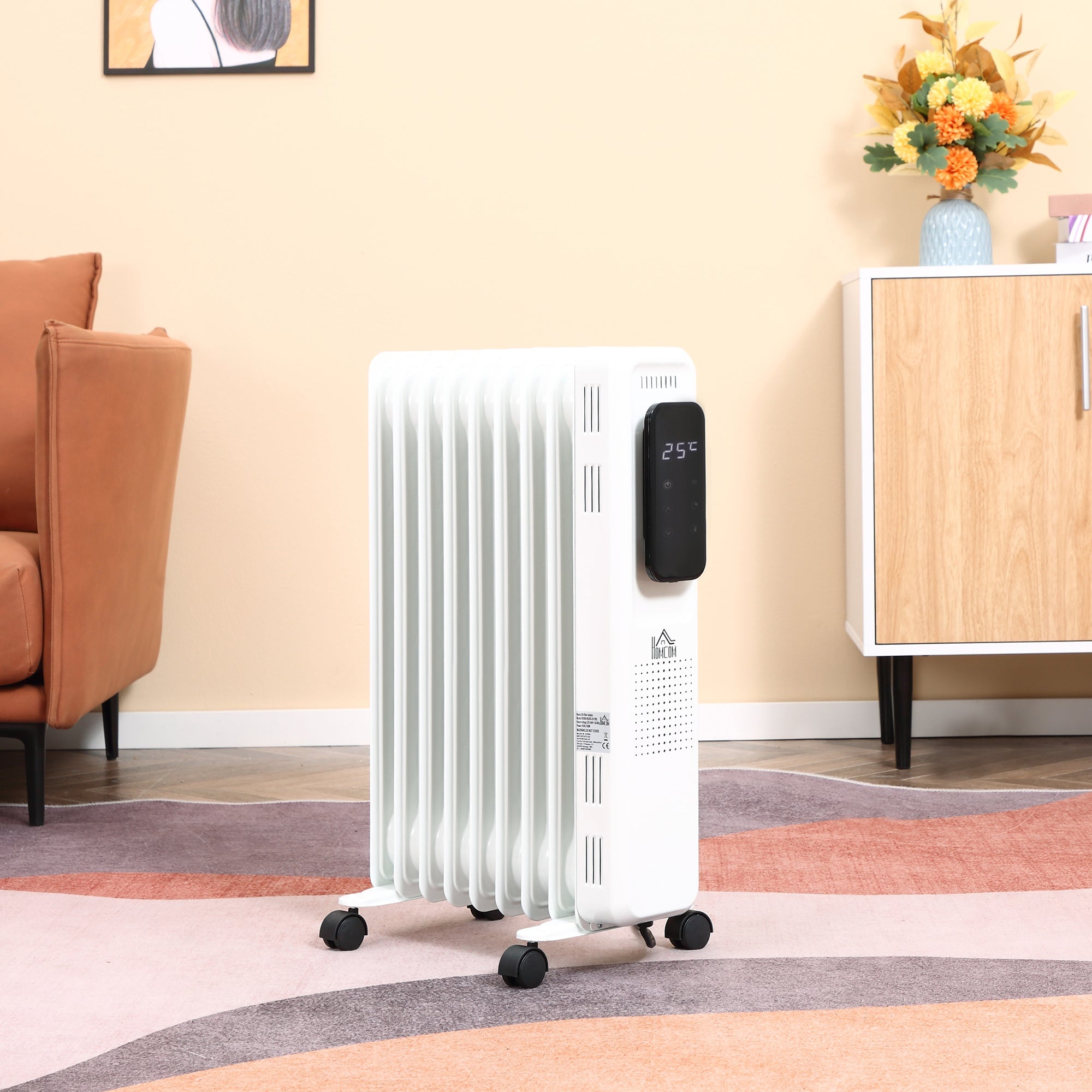 Oil Radiator Electric Heater, Portable, 3 Heat Settings, 24-Hour Timer, White Steel