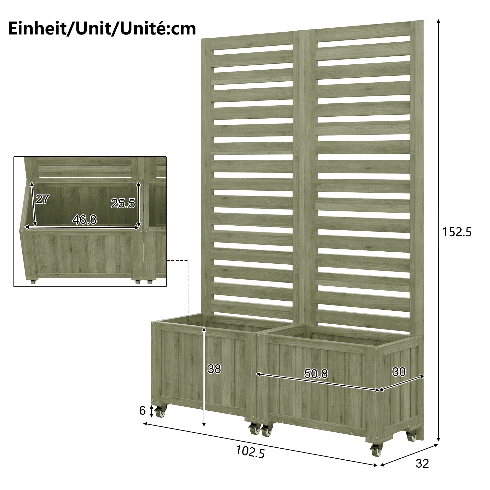 Outdoor Planter Box with Trellis and Folding Universal Wheels