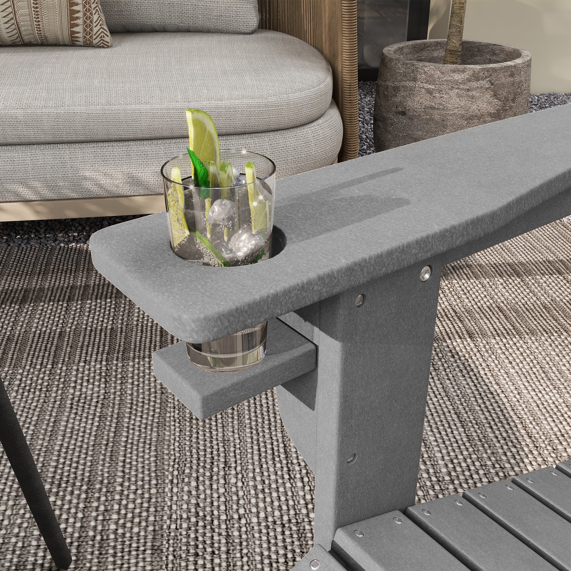 Adirondack Garden Chair, Drink Holder, Plastic Armchair, Grey