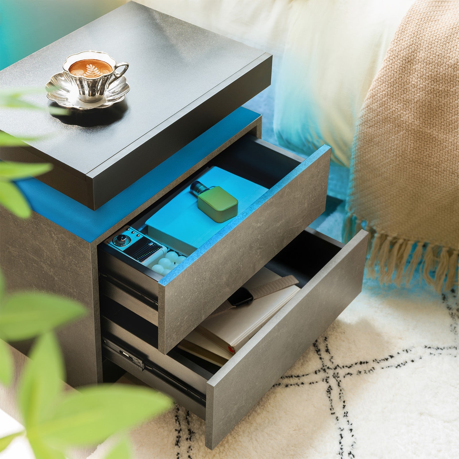 Nightstand LED Bedside Table with 2 Drawers, Modern End Side Cabinet, Grey+Black