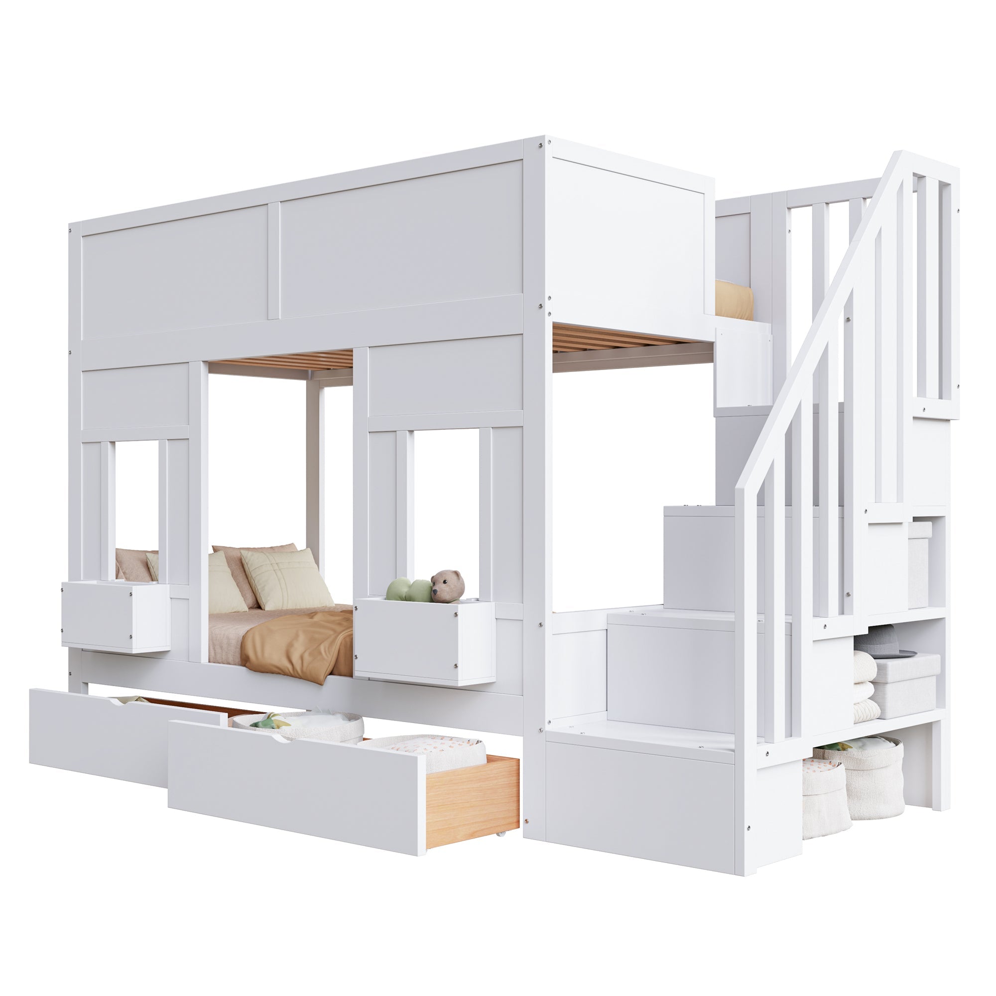 Bunk Bed with Storage Stairs, Drawers and Windows, 90x200cm, Wood