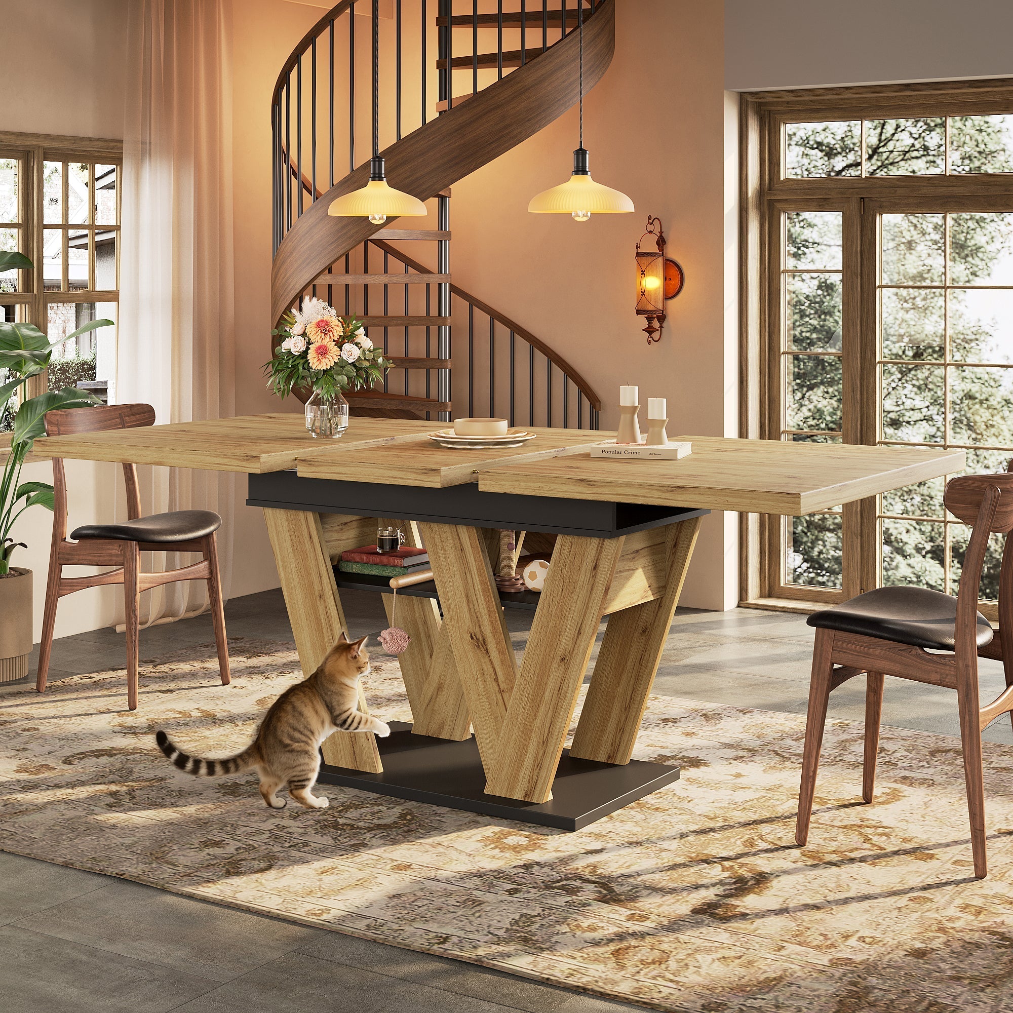 Telescopic Dining Table Extendable 119-158.5x80cm W-Legs - Natural Wood