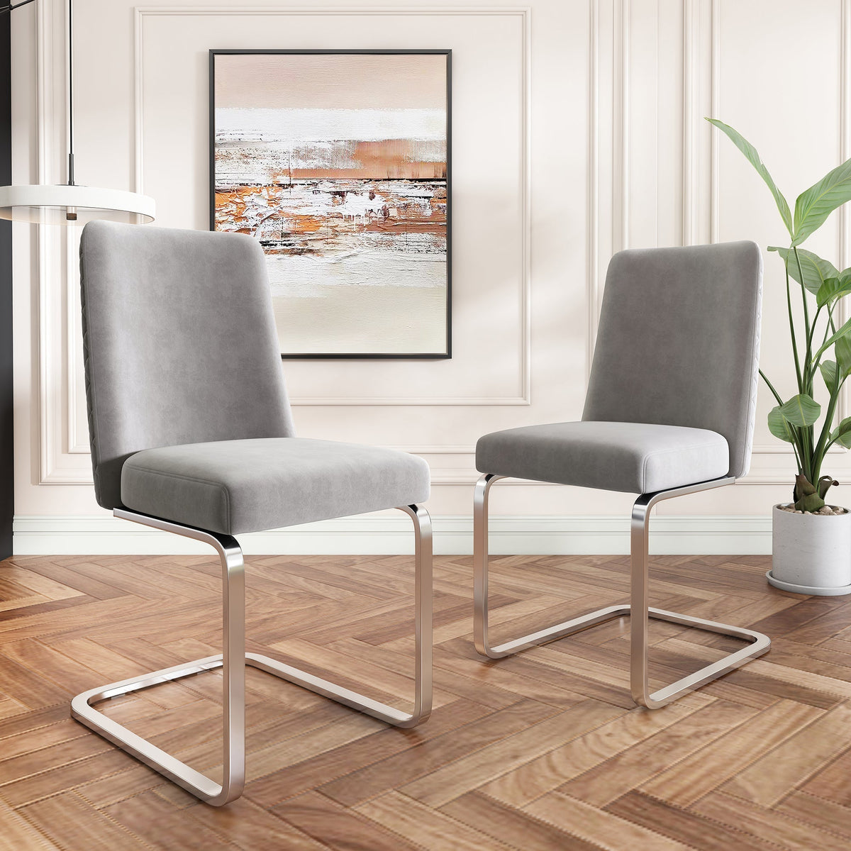 Velvet Dining Chair Set of 2 Diamond Back Silver Legs - Grey
