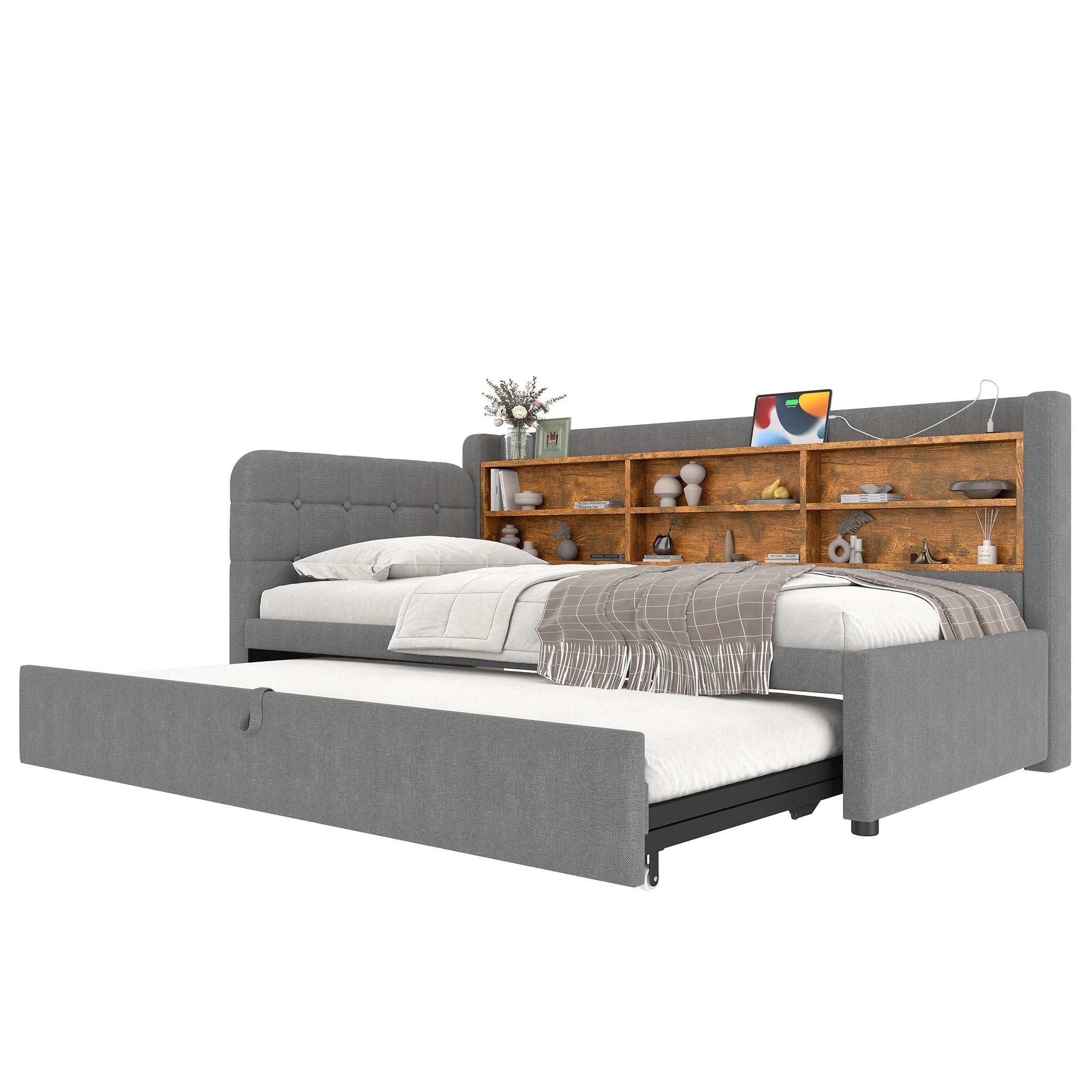 Daybed Sofa Bed 90x200cm Pull-out Storage USB/Type-C - Linen Grey