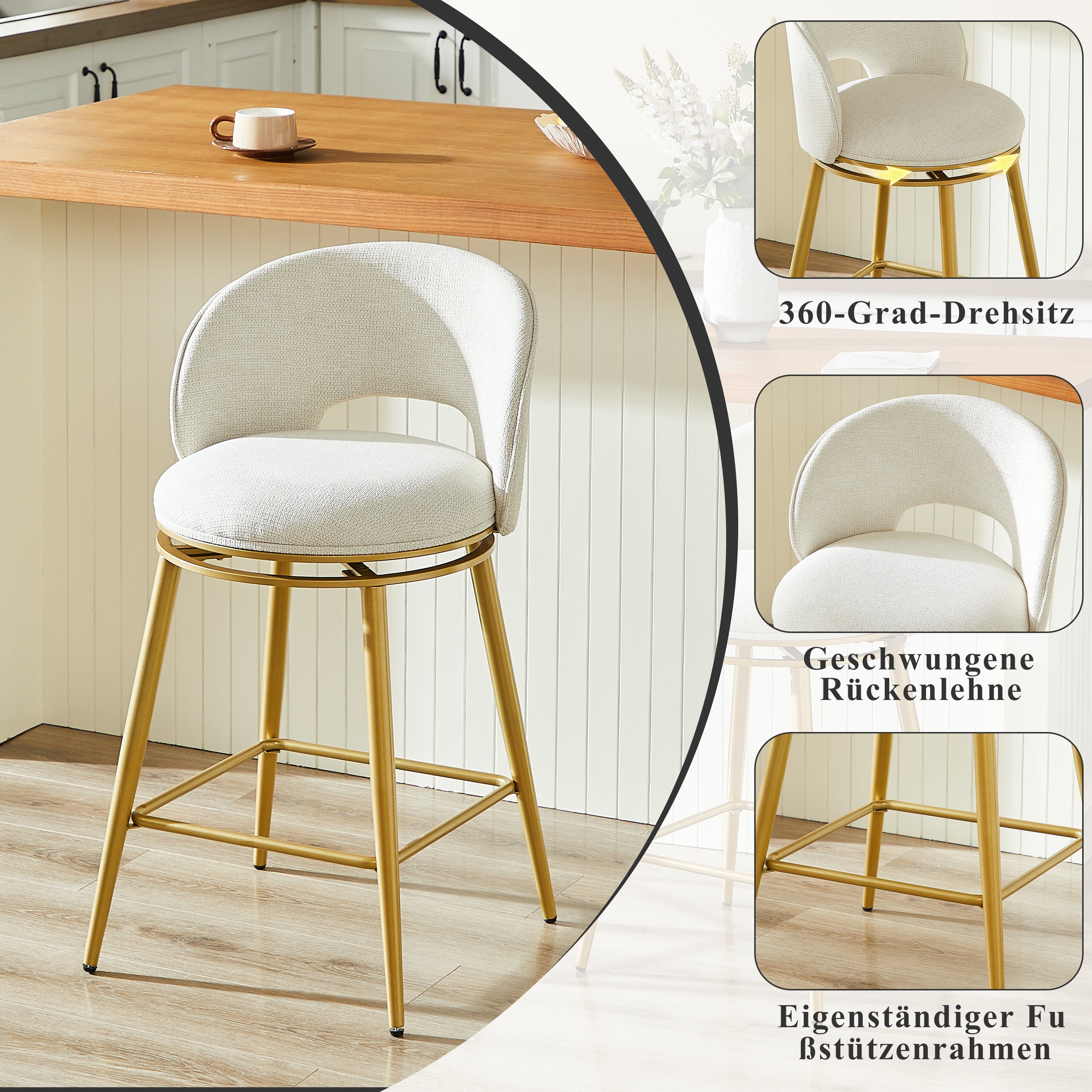 Chenille Swivel Bar Stools, Set of 2 with 360° Rotation and Cut-Out Backrest, Gold and White