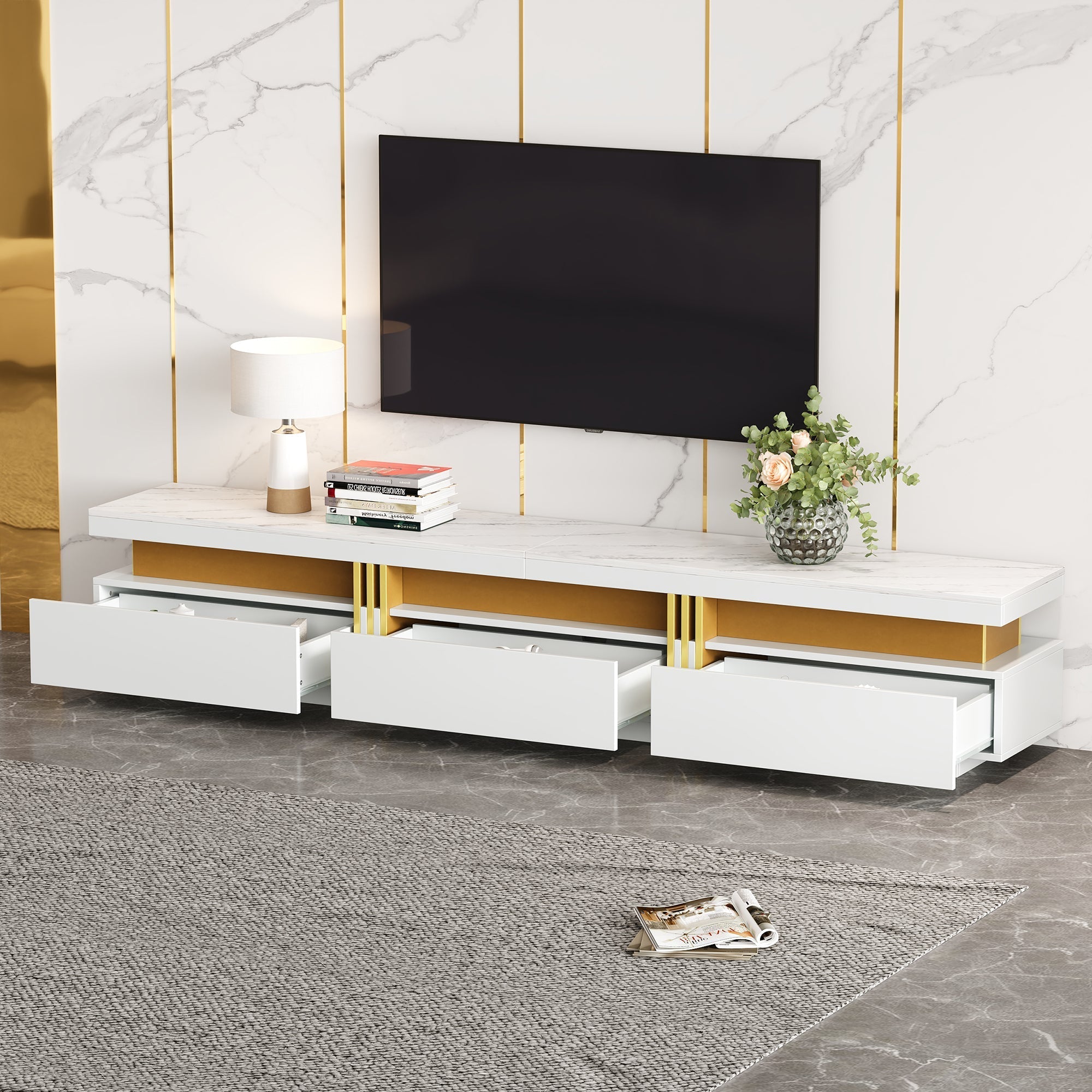 Lowboard TV Cabinet Modern 200cm 3 Drawers Cable Management - Marble Look