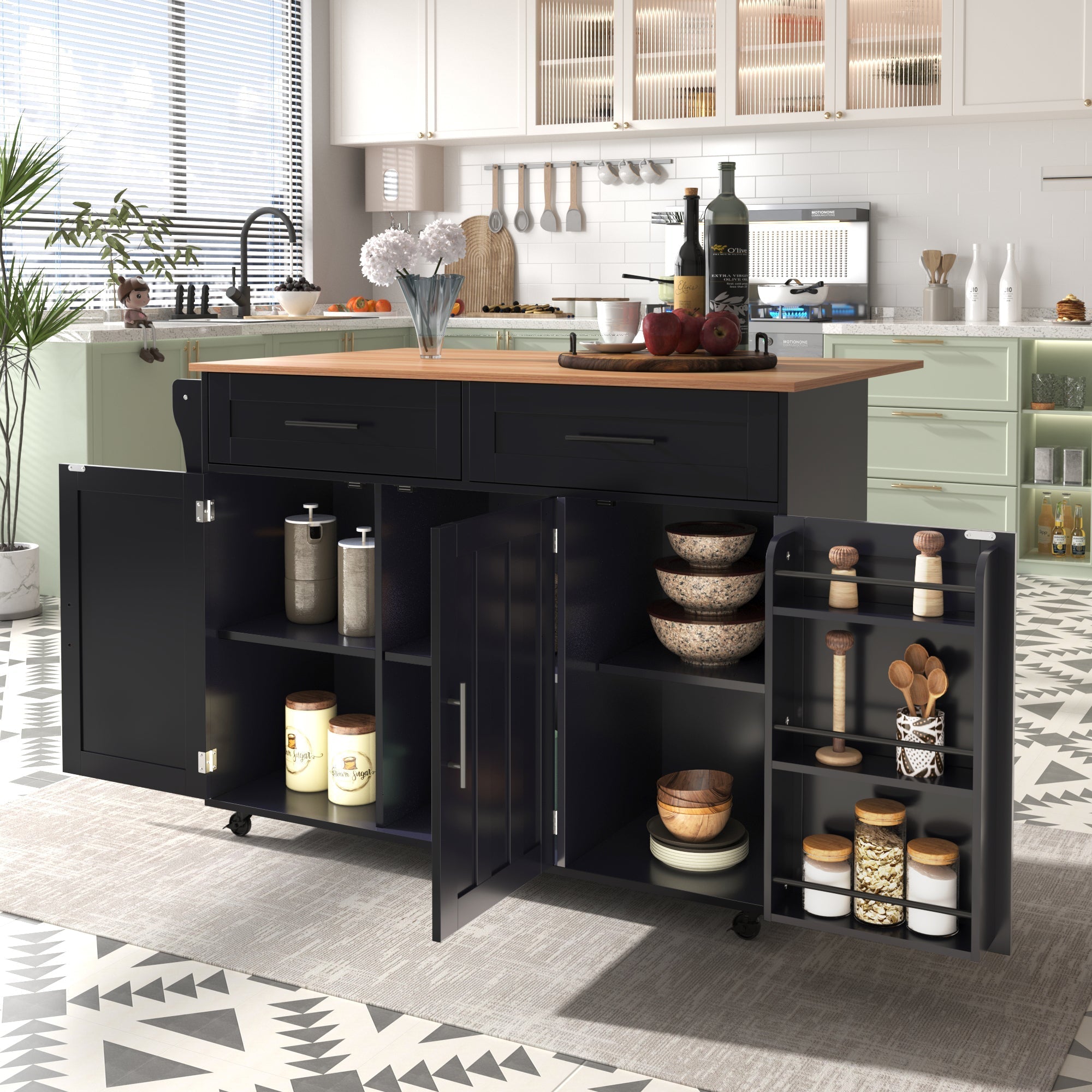 Dining Cart Sideboard 129cm Extendable Folding Top Storage Wheels - Black