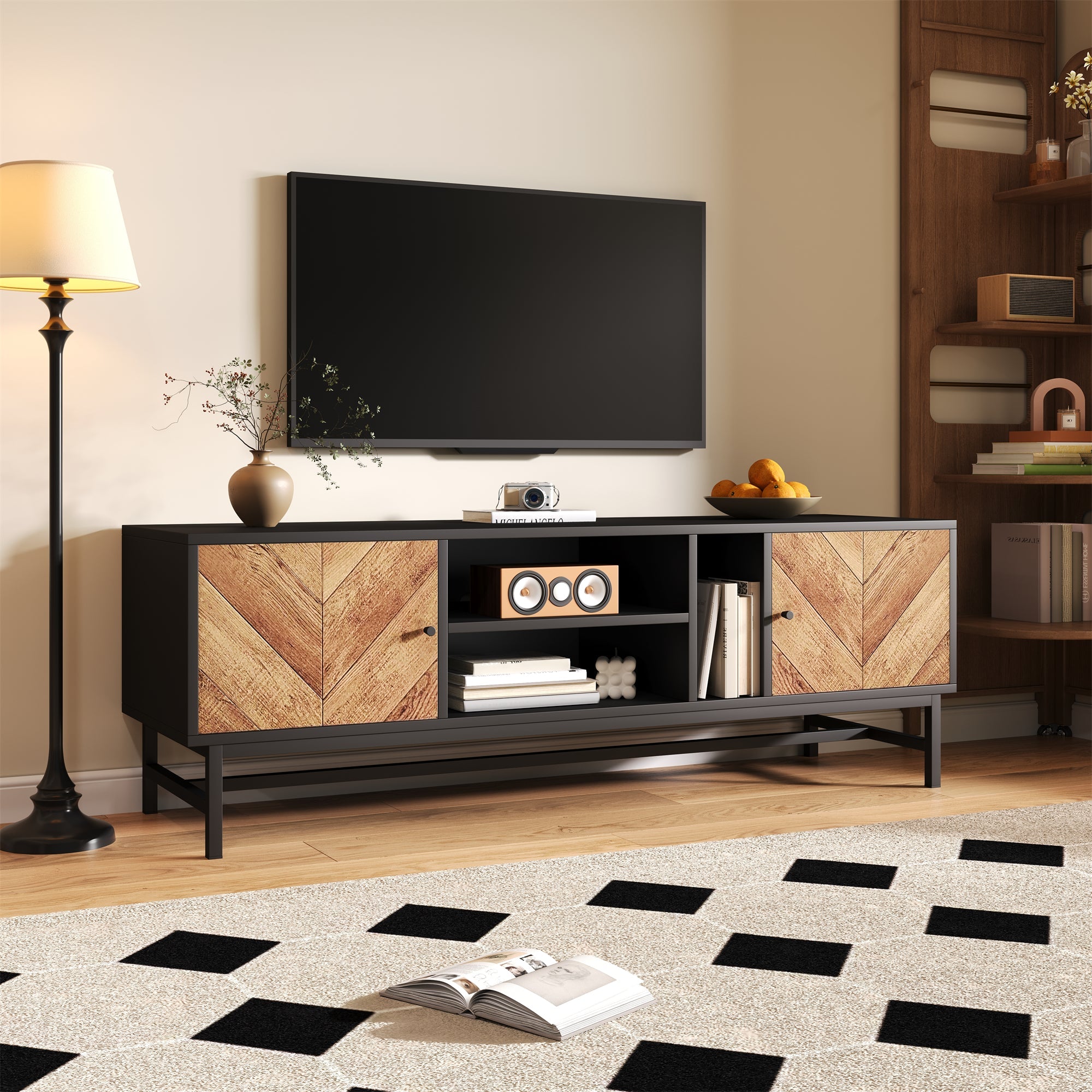 TV Cabinet 150 cm, Versatile Storage with Cabinets & Compartments, Black & Wood