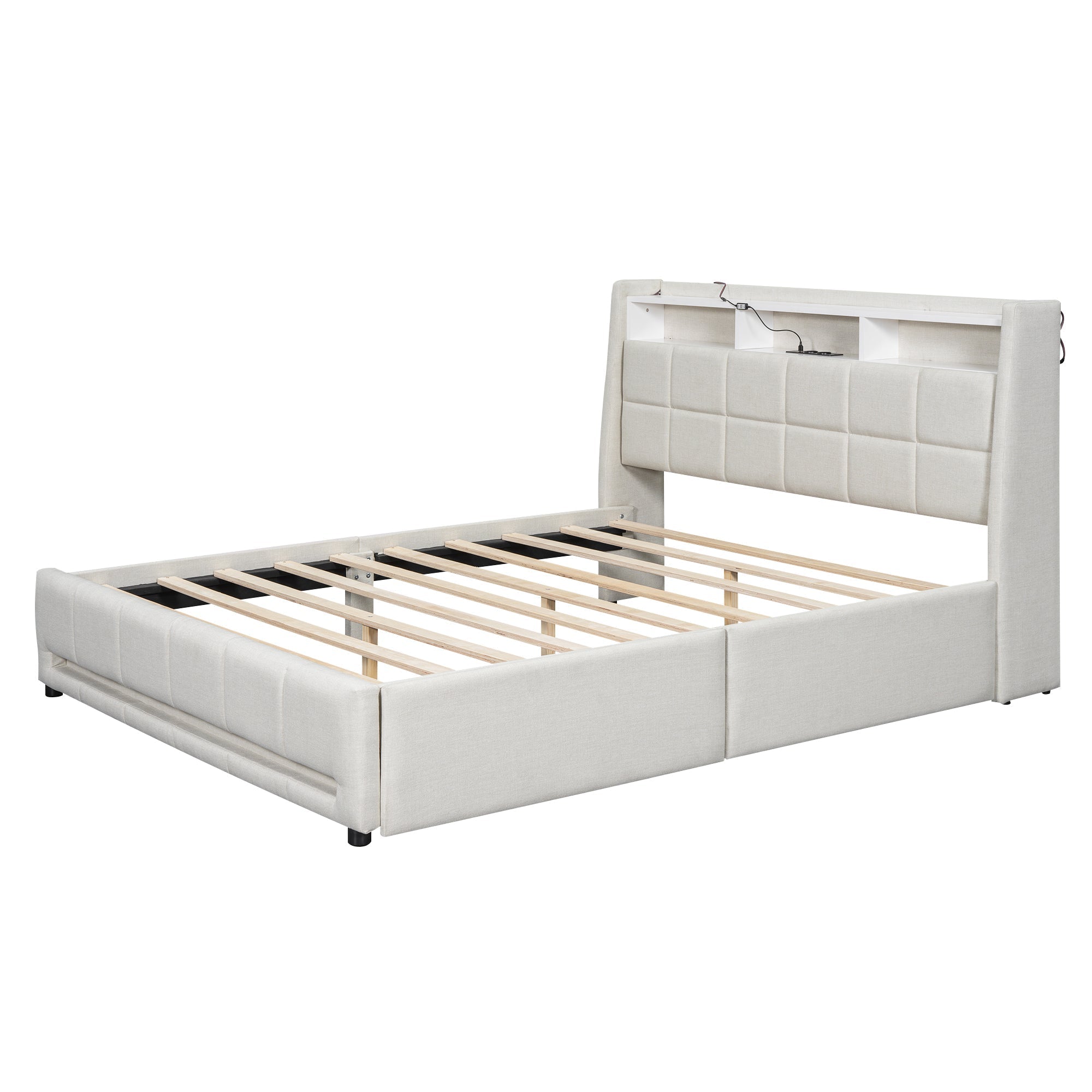 Upholstered Bed 160x200cm LED App Control Drawers USB Storage - Linen Beige
