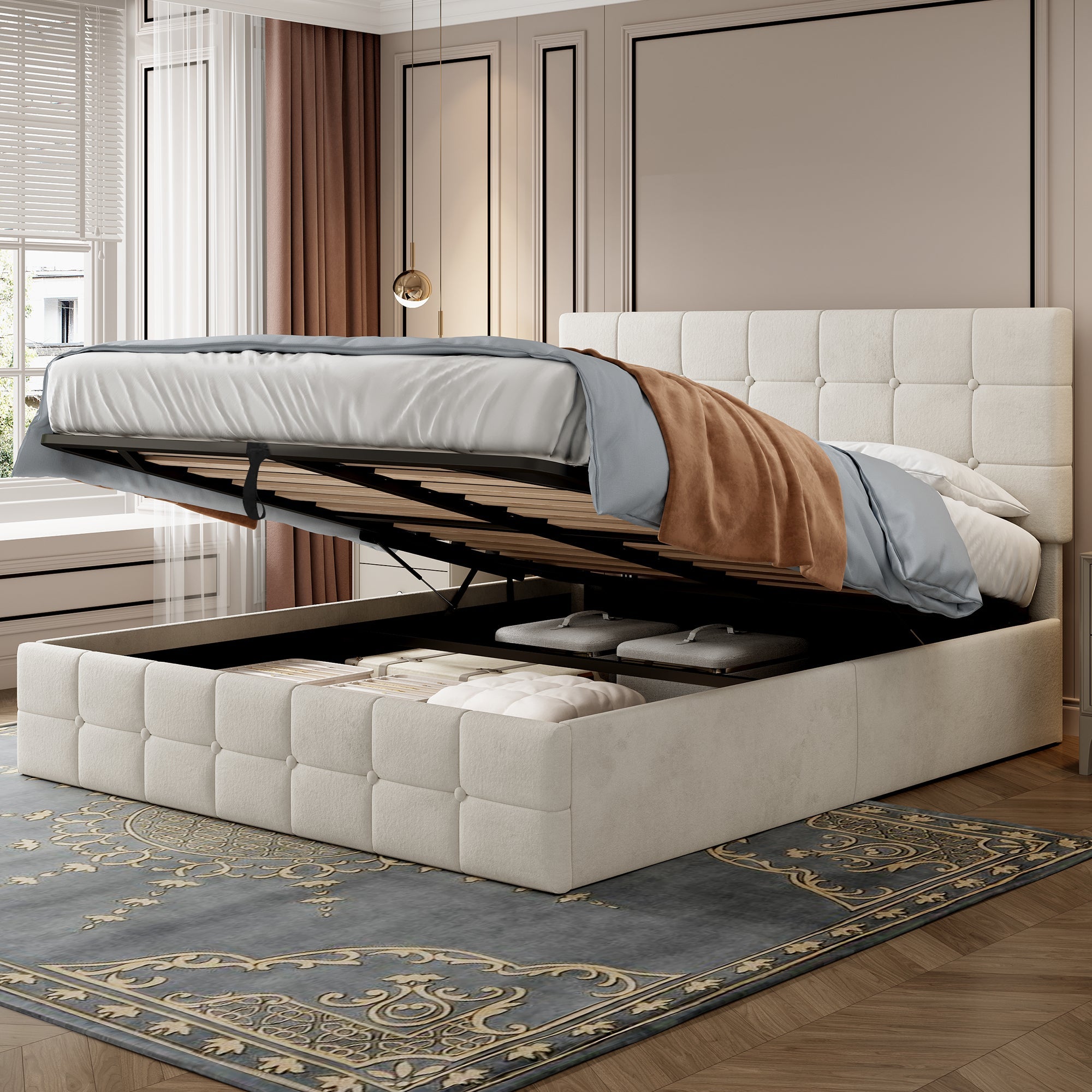 4ft6 Double Upholstered Storage Bed Frame, Velvet Ottoman with Hydraulic Storage & Adjustable Button Tufted Headboard, Metal-Wood Support, Beige