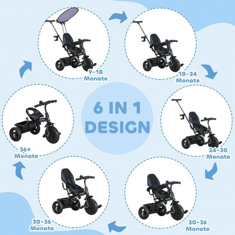 Children's tricycle 6-in-1 with push bar, canopy, belt, storage basket, dark blue