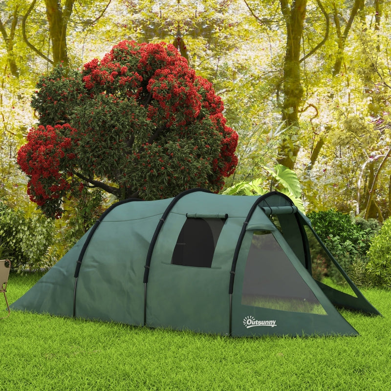 Two Room Tunnel Tent, 3-4 Man Camping with Windows, Green