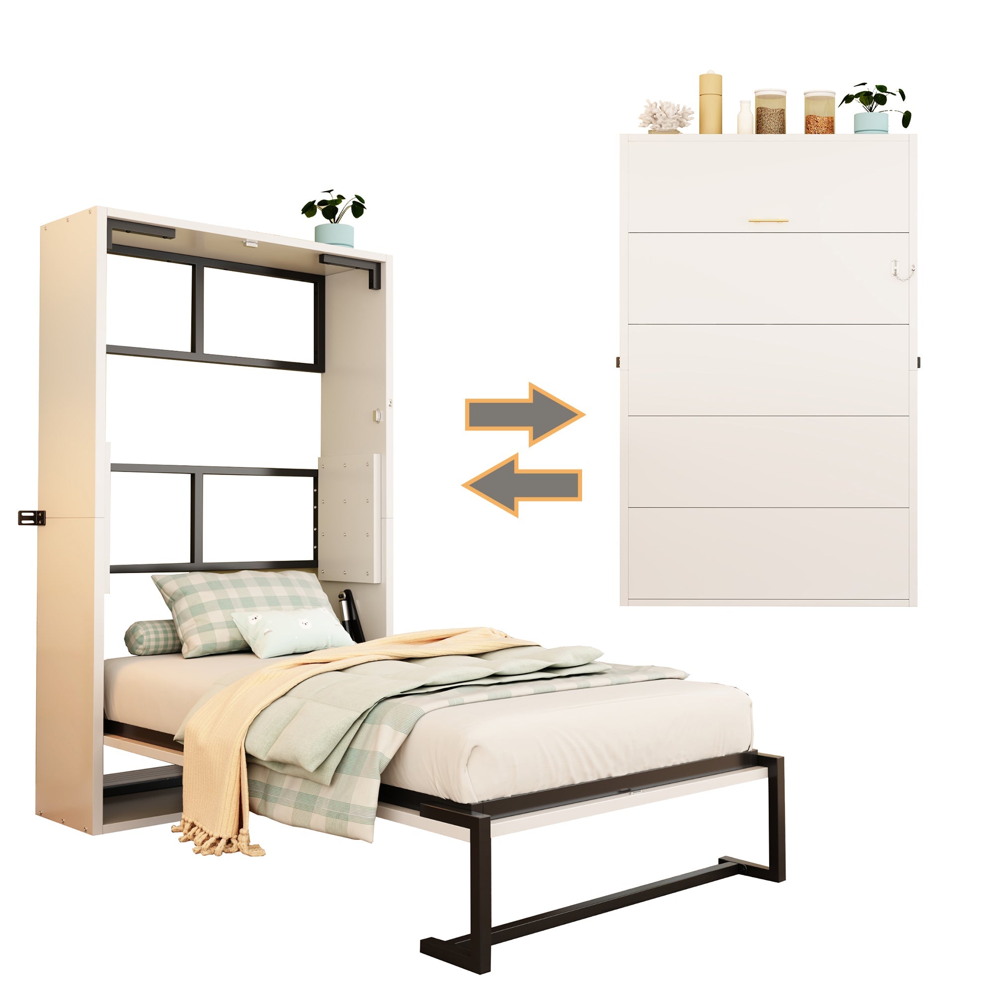 Murphy Wall Bed with Folding Metal Frame and Lockable Mounting, 90x200cm, Metal and Wood