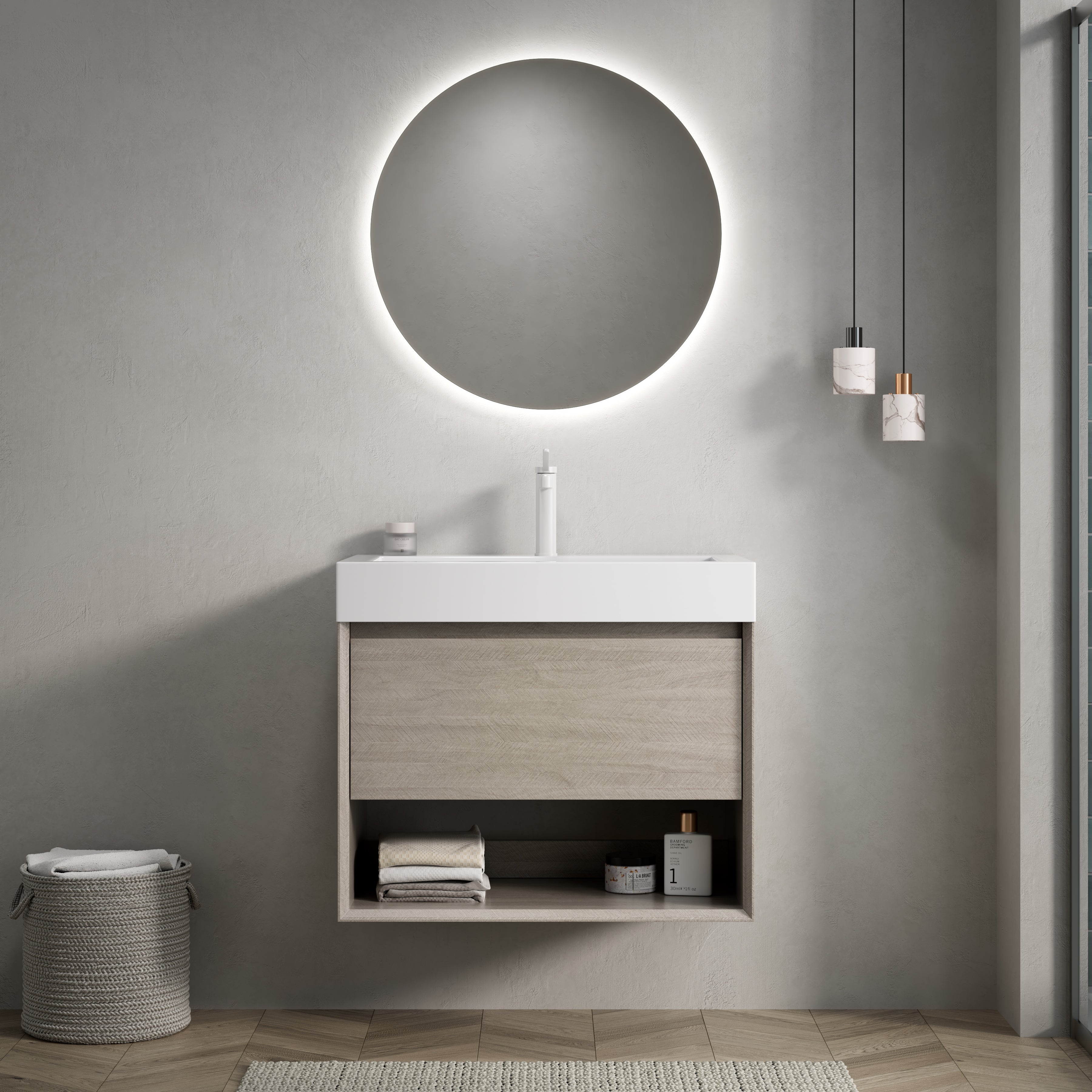 Wall-Mounted Bathroom Vanity Unit with Integrated Resin Basin, Drawer and Shelf, Light Oak Wood Grain