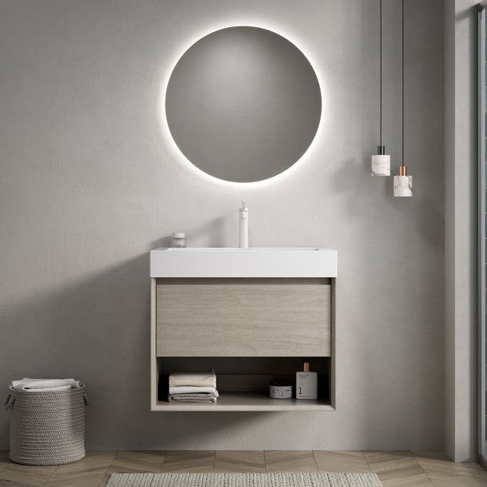 Wall-Mounted Bathroom Vanity Unit with Integrated Resin Basin, Drawer and Shelf, Light Oak Wood Grain