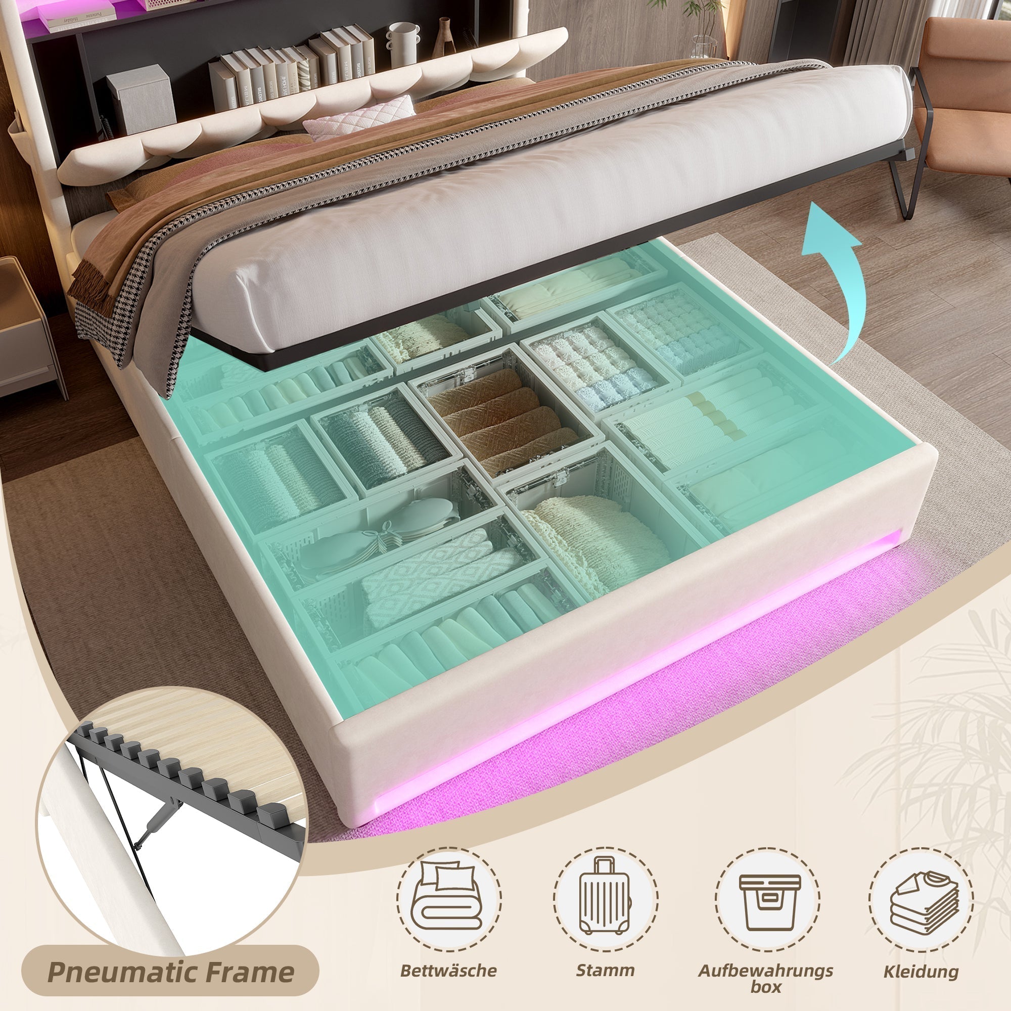Upholstered Bed Frame 140x200 LED USB Hydraulic Storage Headboard, Beige