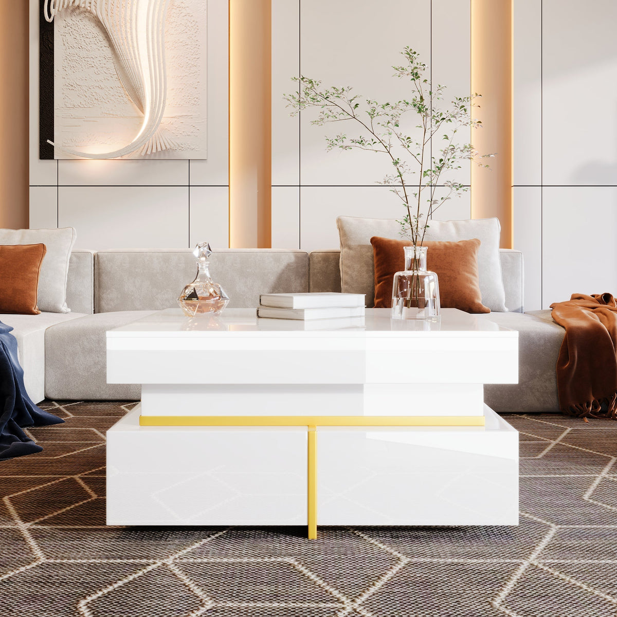 Coffee Table High-Gloss Drawers Gold Accents