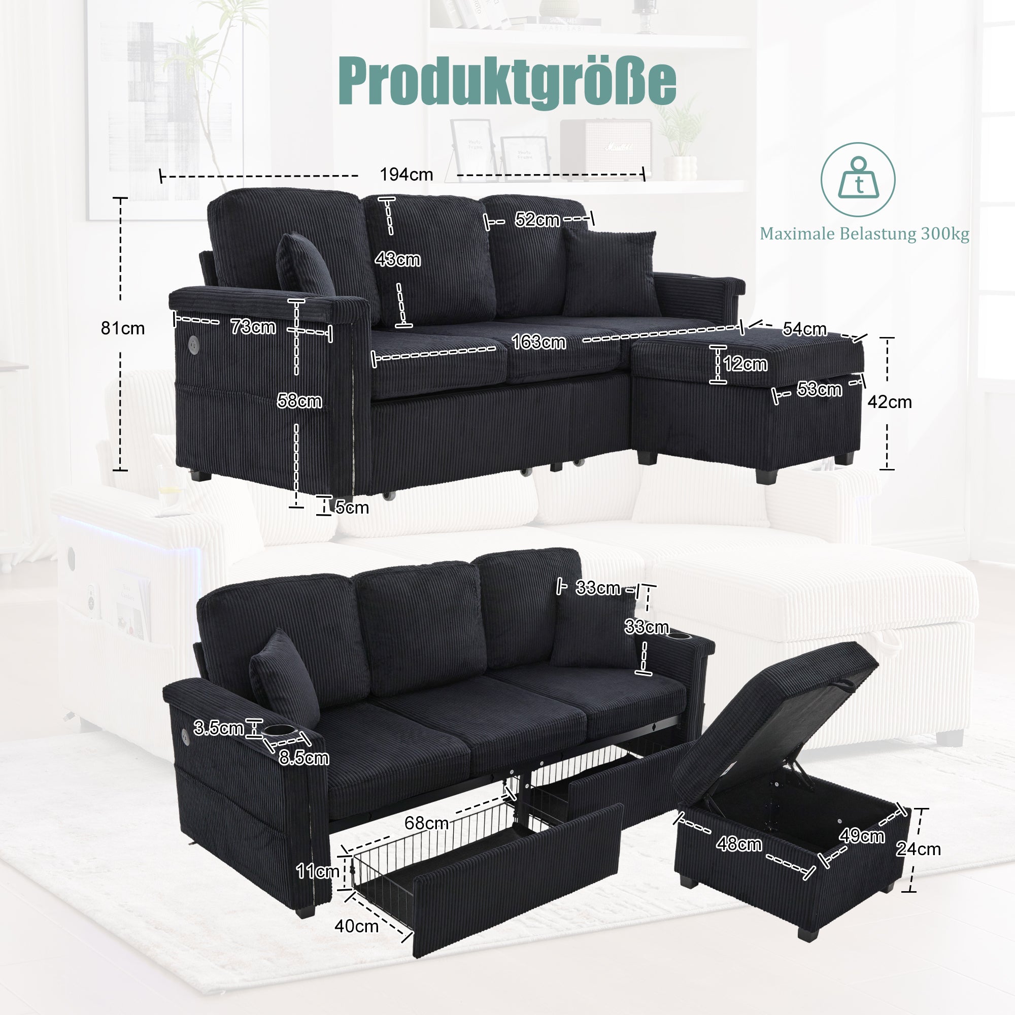 Velvet Sofa with LED & USB-C, Storage Footrest, Cup Holders, Black
