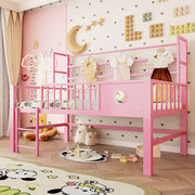Low Loft Bed with Storage Compartments, 90x200cm, Pink Metal Frame