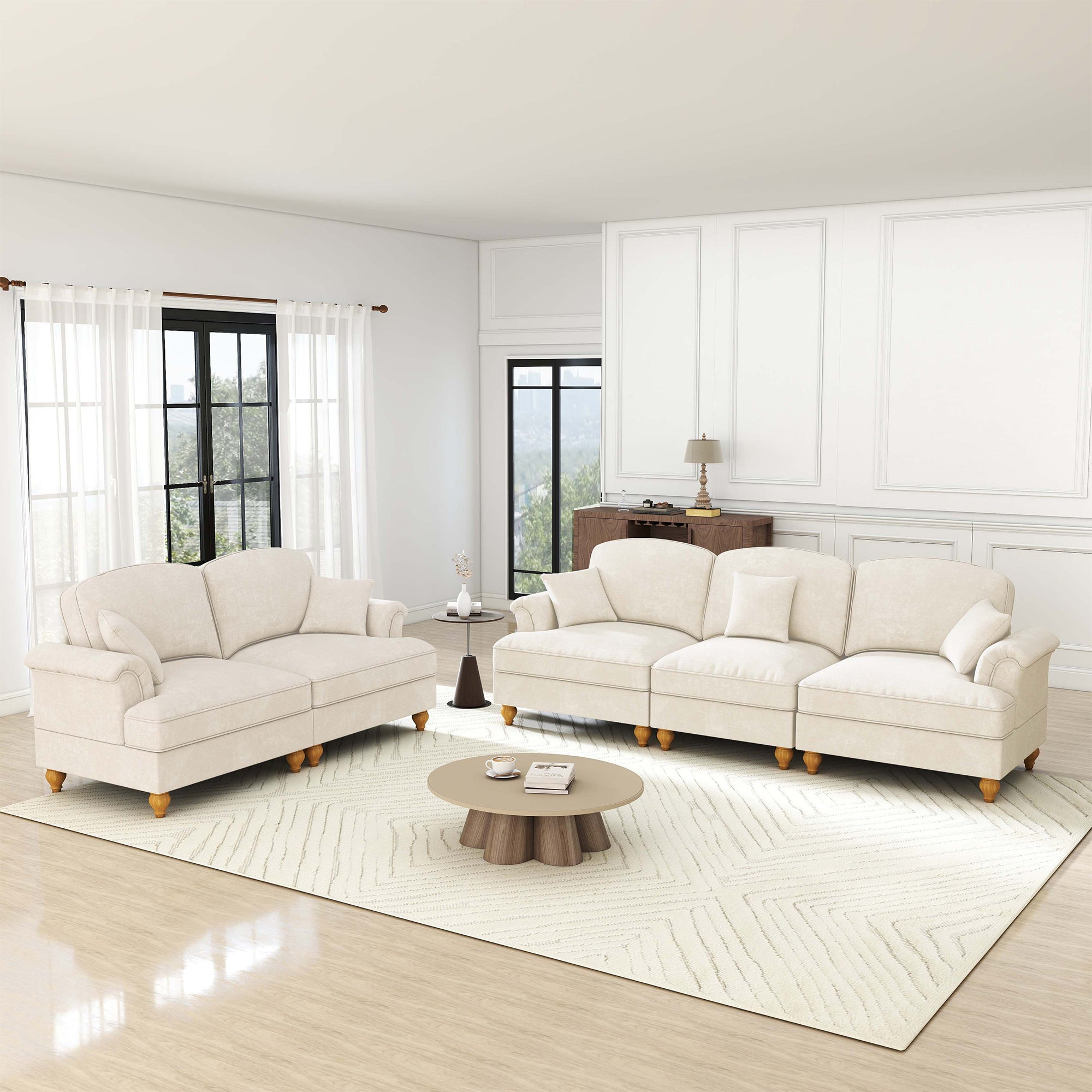 Classic 2-piece Modular Sofa Set 3-Seater 2-Seater Loveseat Ruffled Apron Spindle Legs - Chenille White