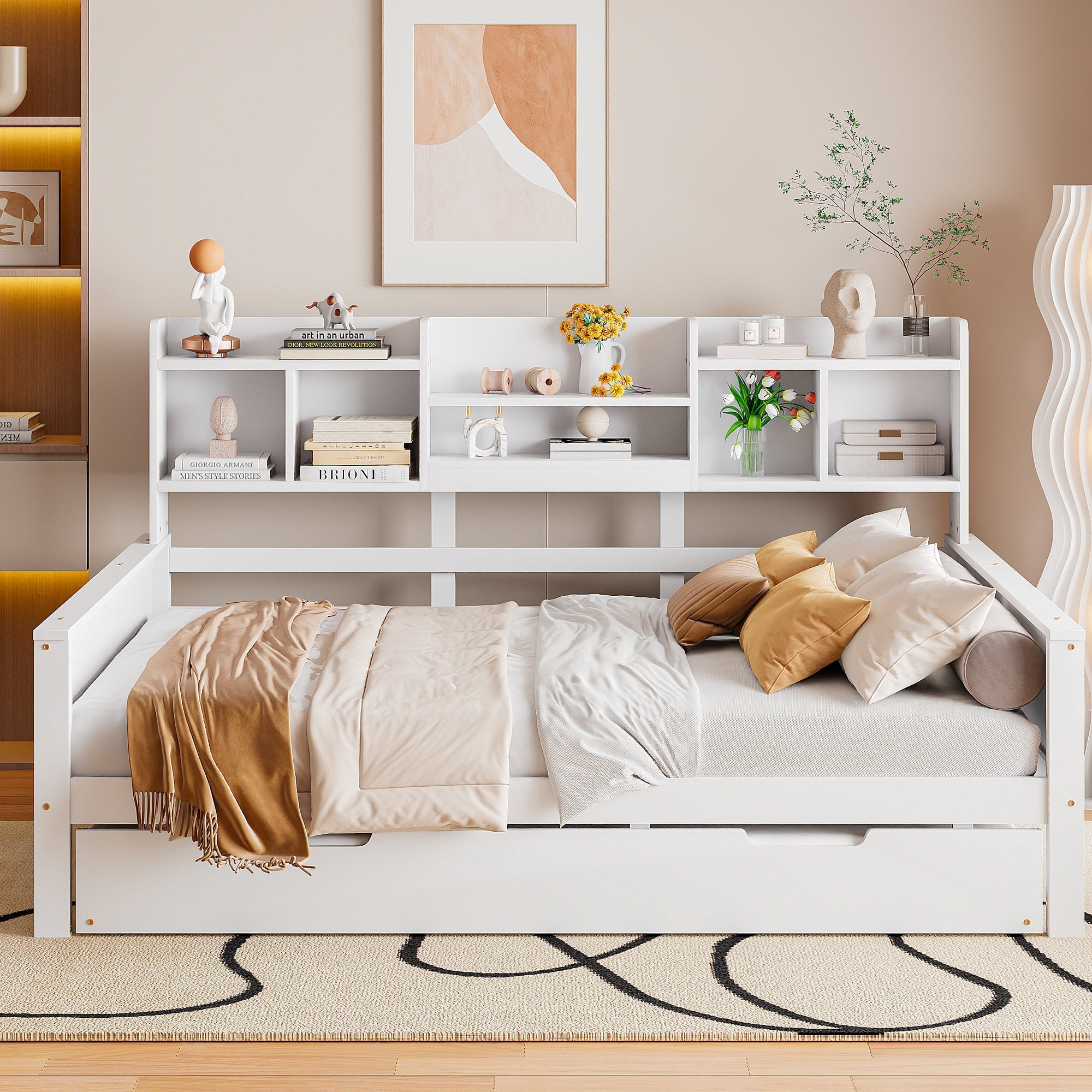 Sofa Bed, Pull-Out 140x200CM, Storage & Slatted Frame, Pine Wood White