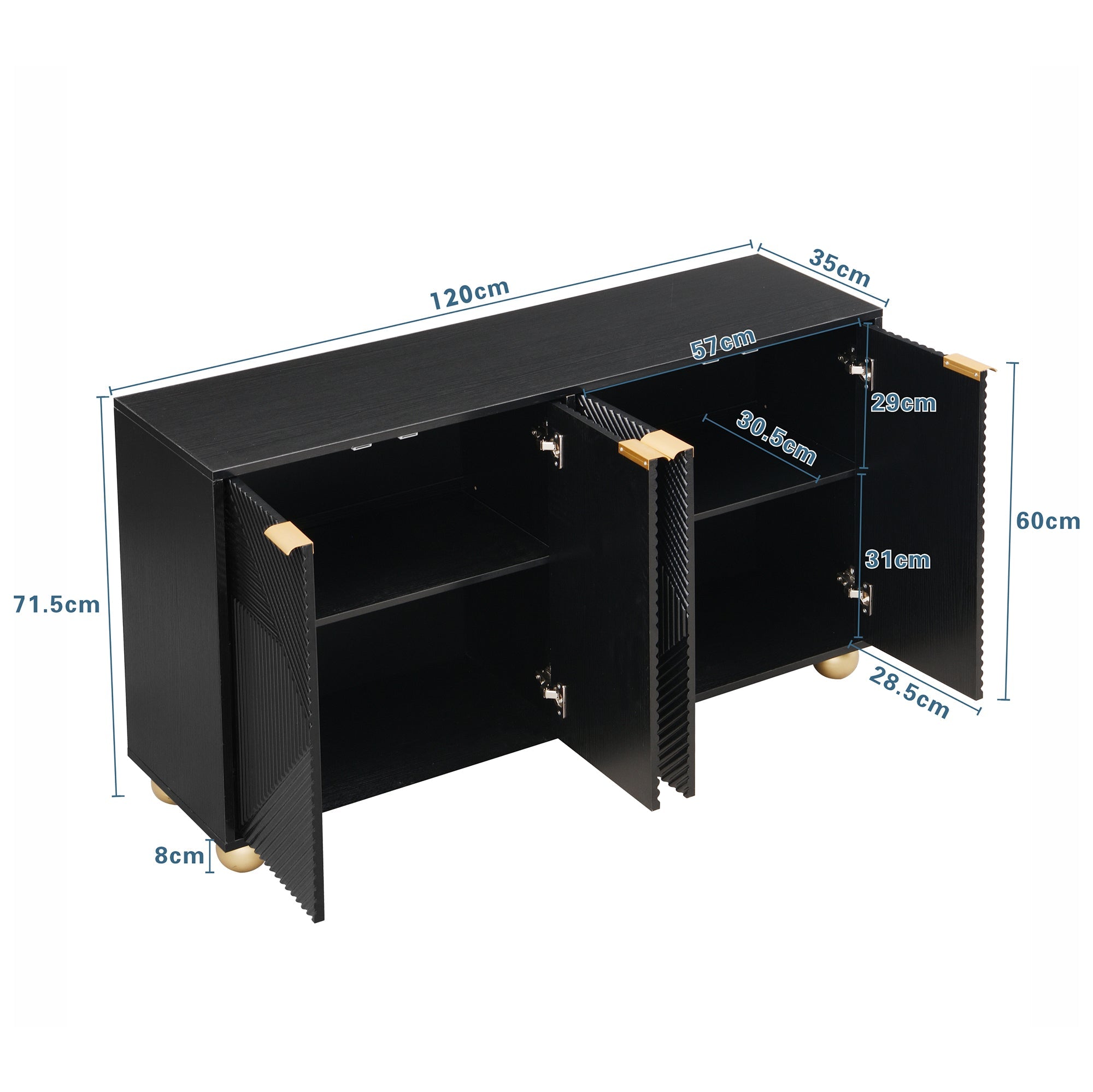 Sideboard with Four Molded Doors and Adjustable Shelves, Metal Handles and Ball-Shaped Legs