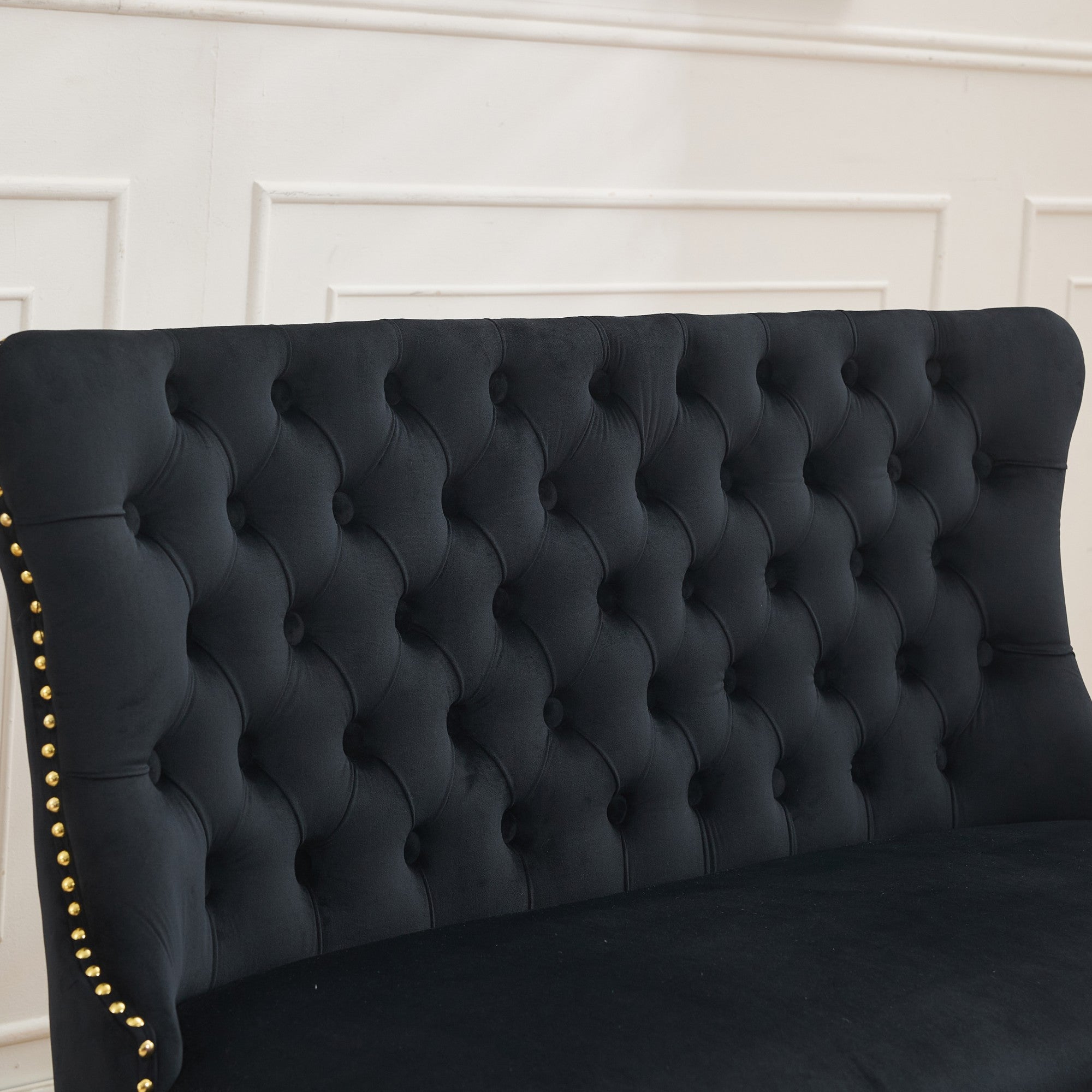 Velvet Dining Loveseat Bench, 2-Seat Tufted Wing Back Gold-Plated Steel Legs, Black Velvet