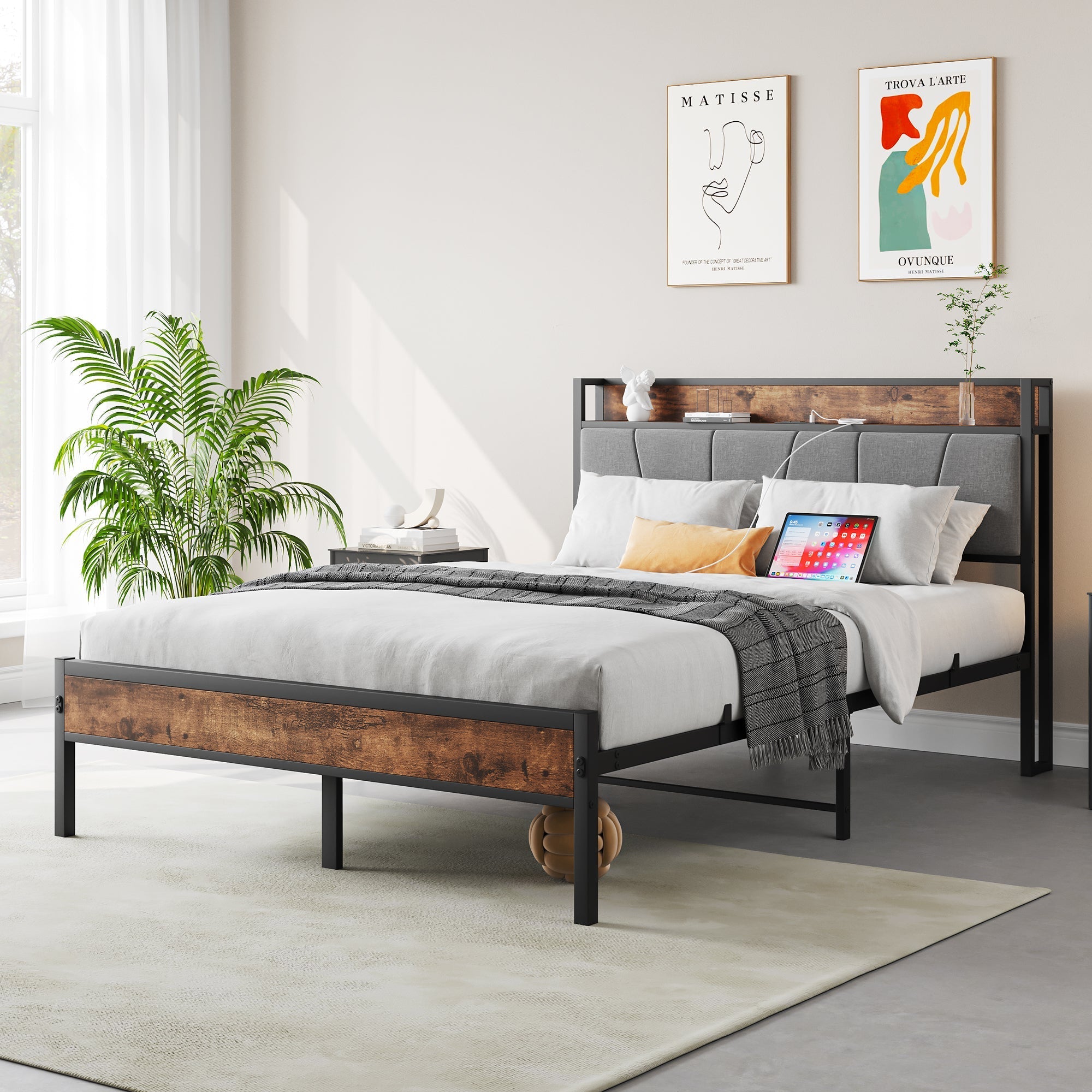 Bed Frame 120x200cm, Smart LED/USB Headboard, Heavy-Duty Metal Slatted Platform