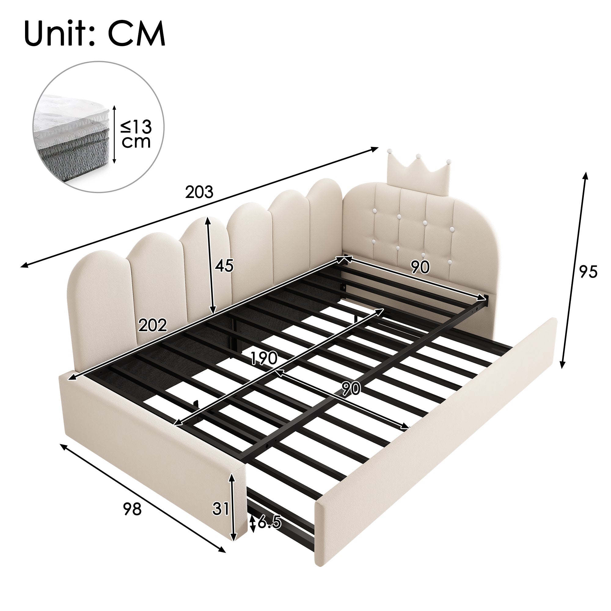 L-Shaped Sofa Bed with Pull-out Bed, Crown Lattice Design, 90x200cm, Beige Velvet