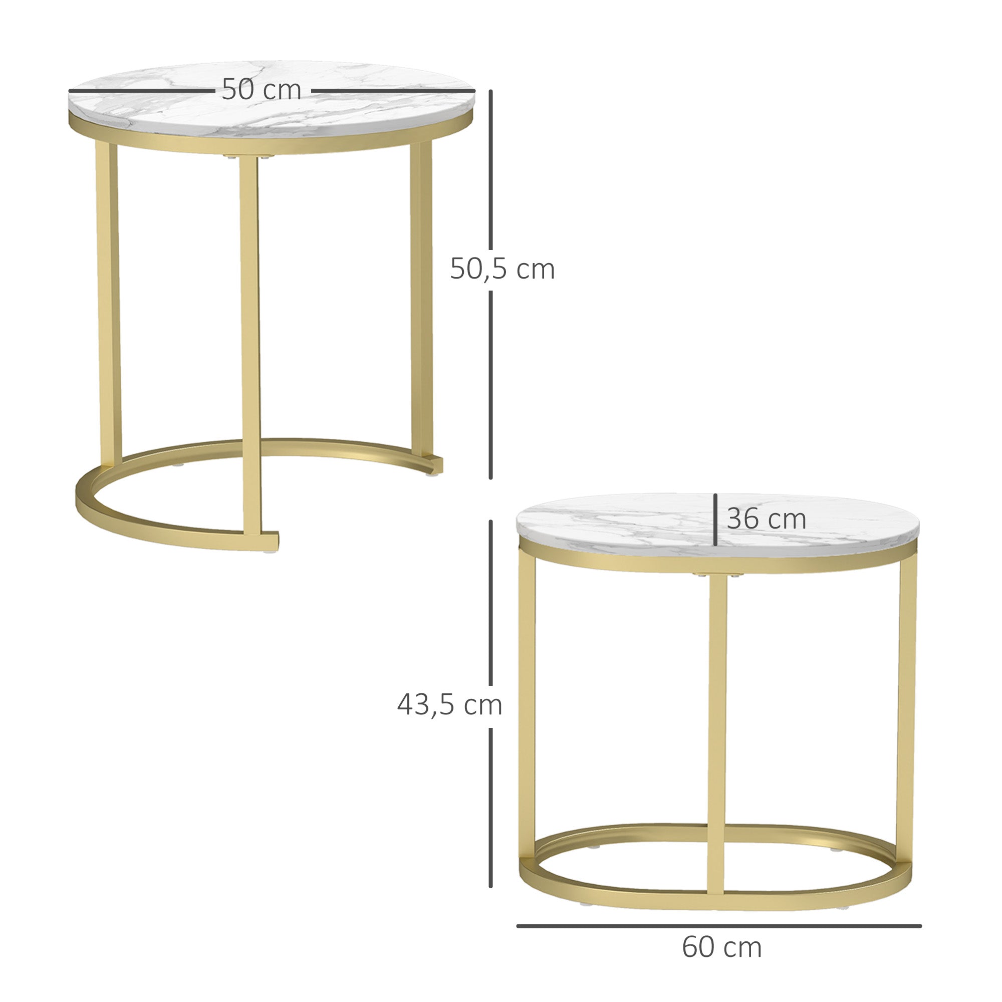 Round Coffee Table Set of 2 Stackable Side Tables, Steel Frame, White