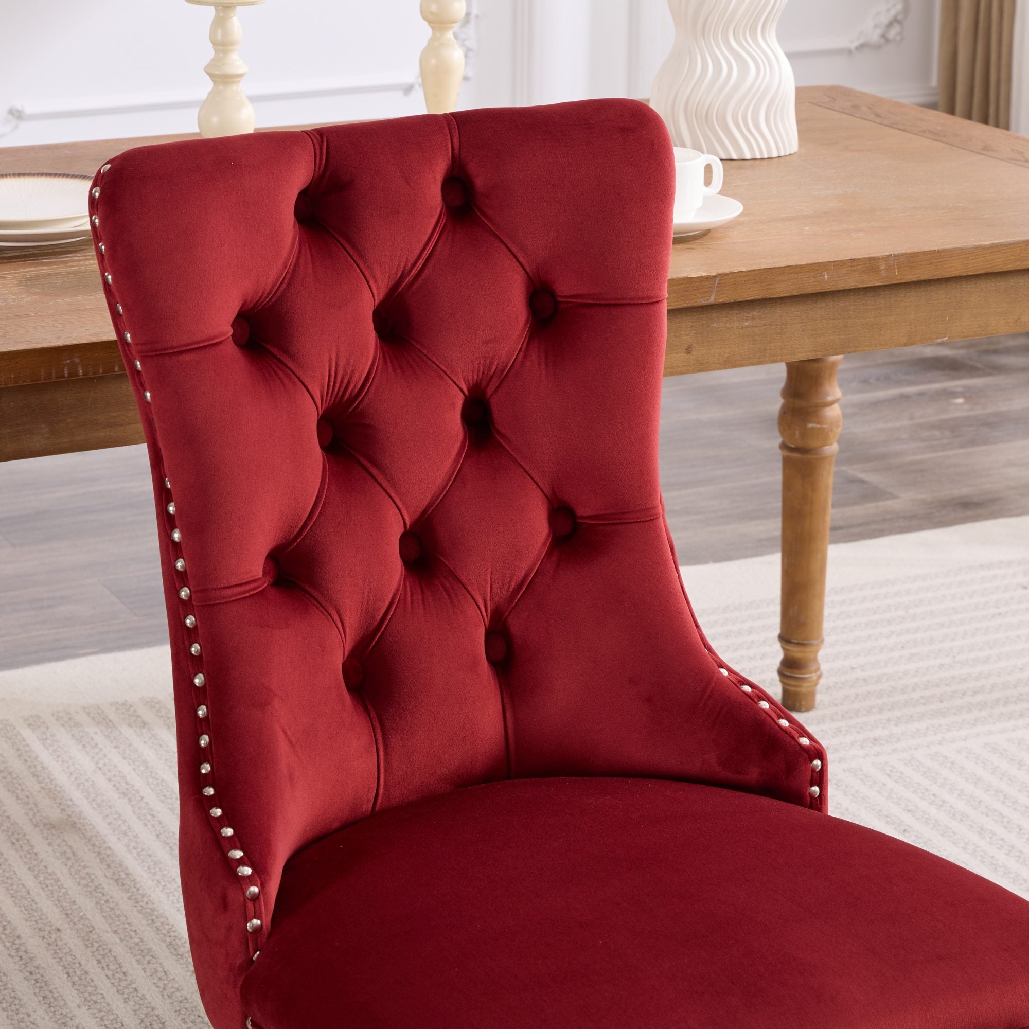 Classic Velvet Dining Chairs Tufted Solid Wood Legs Nailhead - Set of 2 Burgundy