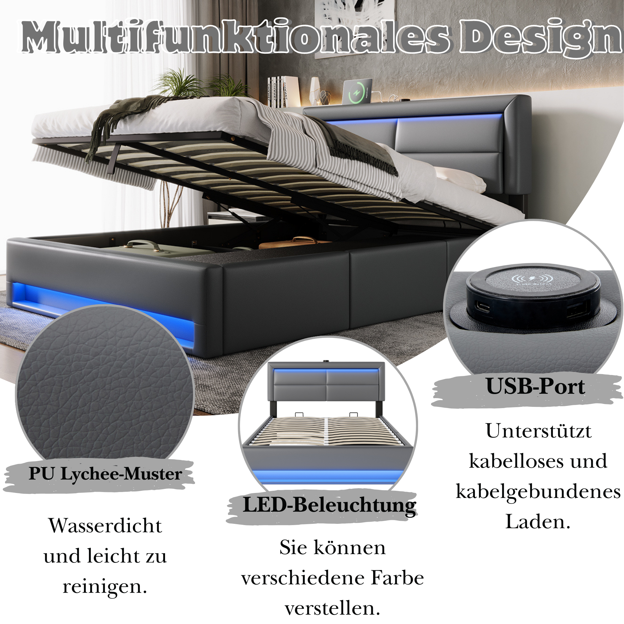Upholstered Hydraulic Bed with USB, LED and 3 Storage Drawers, 140x190cm, Grey PU Leather