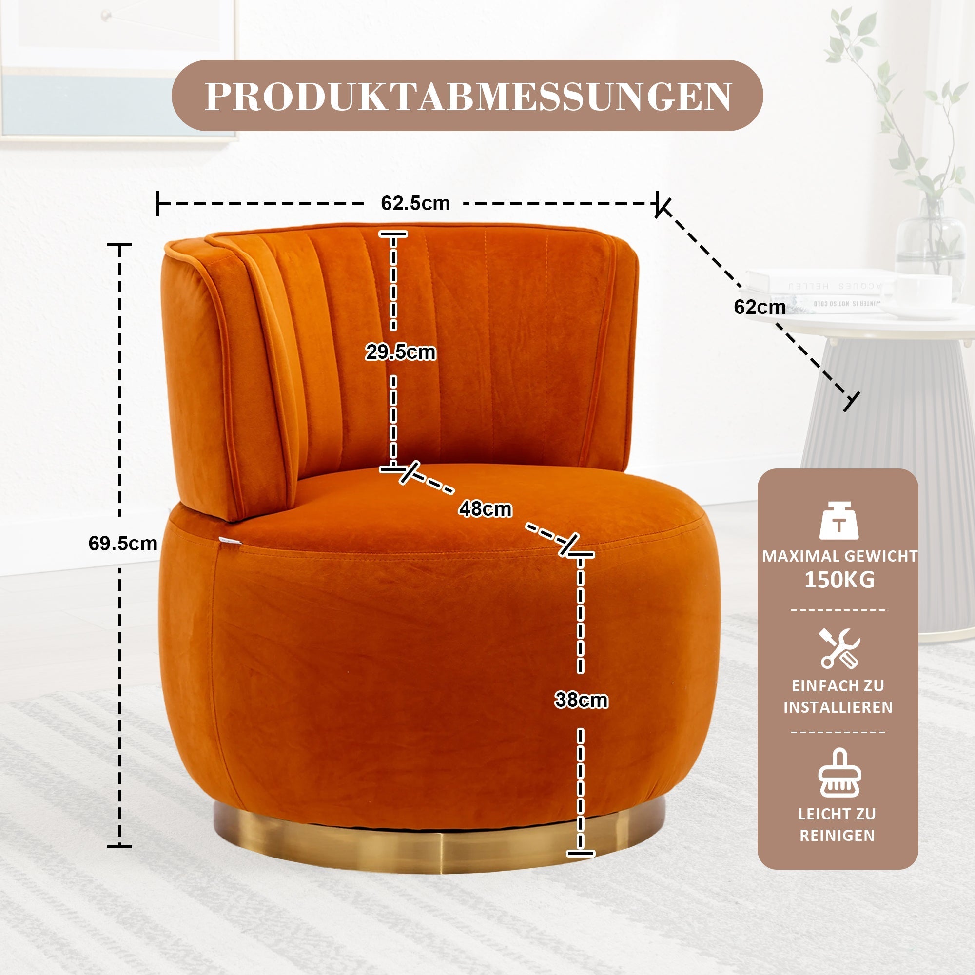 Swivel Barrel Chair 360° Round Comfortable, Orange Velvet