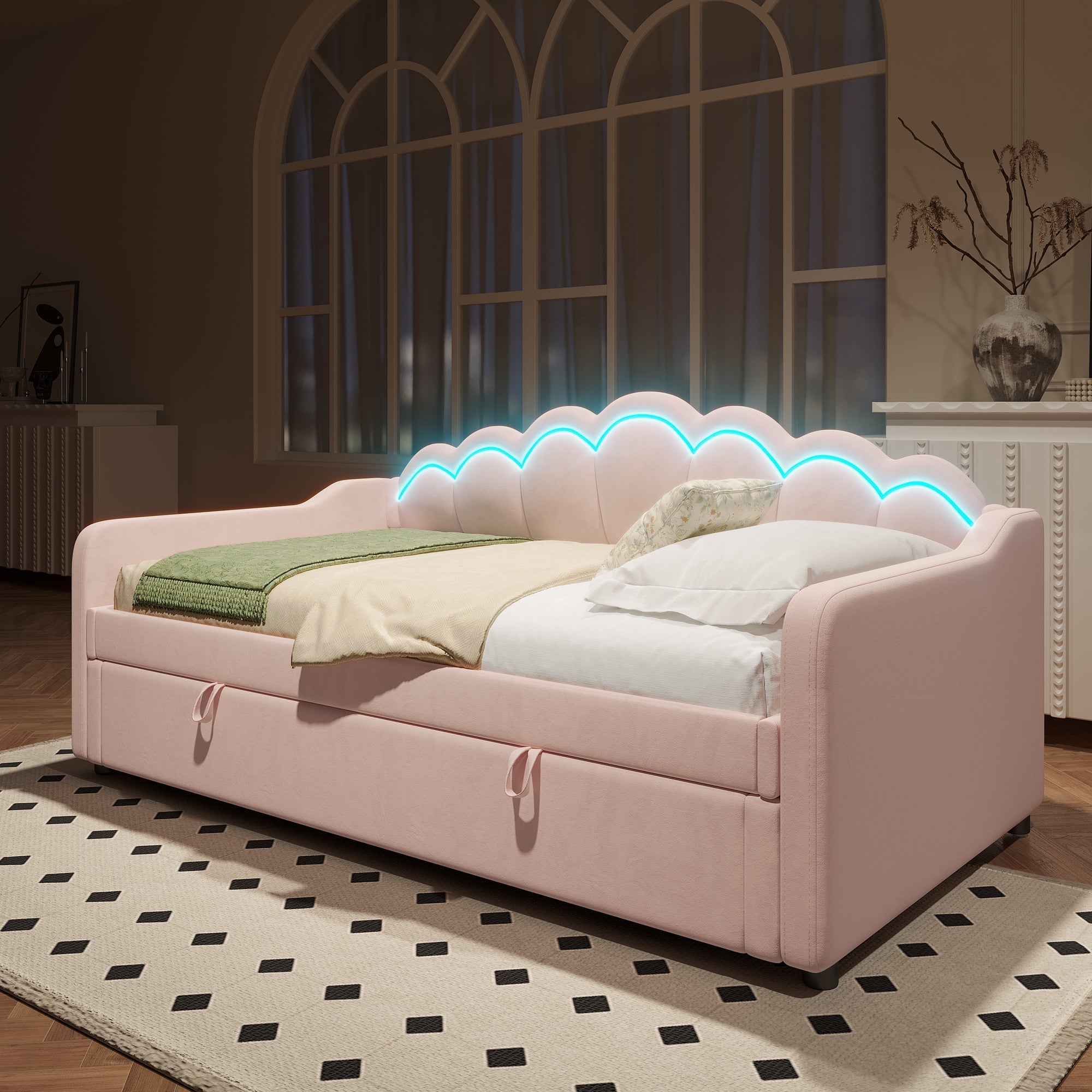 Daybed Sofa Bed 90x200cm Hydraulic Storage LED - Velvet Pink