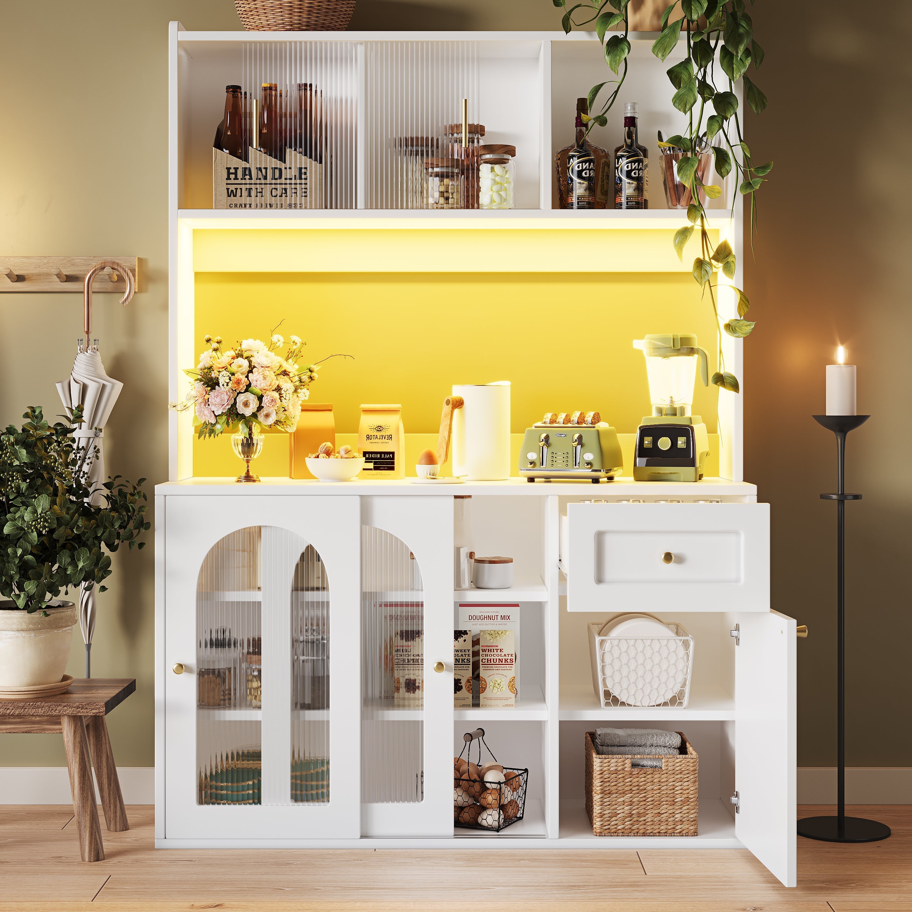 Kitchen Cabinet, Tall Display Buffet Sideboard with LED Lighting and Adjustable Shelves, White/Black