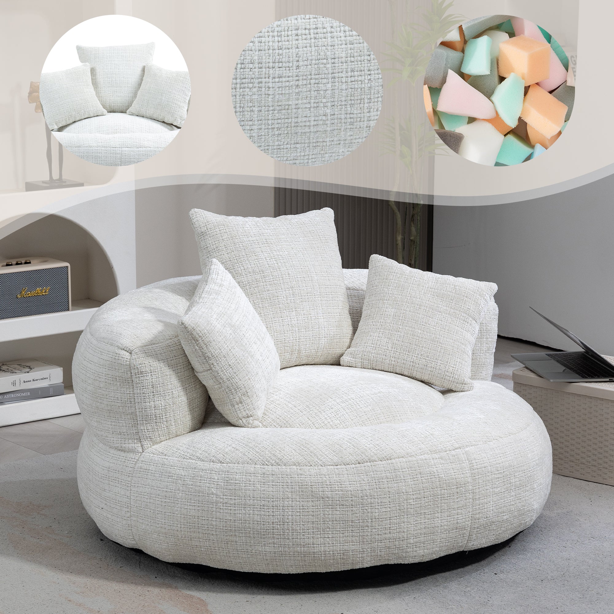 Lazy Sofa High Back Bean Bag Chair with Three Cushions, Indoor/Outdoor, Beige Chenille