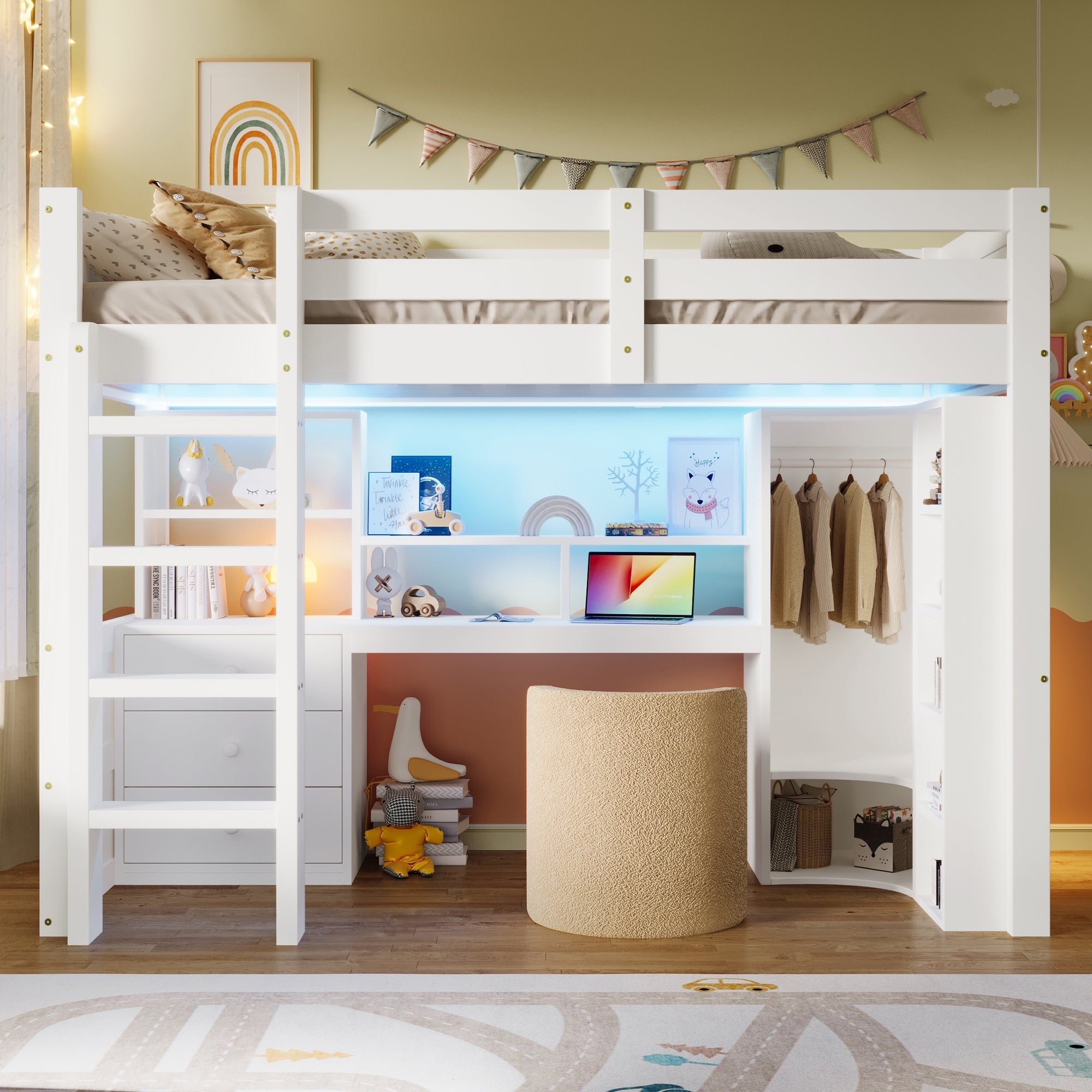 Loft Bed 90x200cm LED Wardrobe Desk Drawers Storage - White