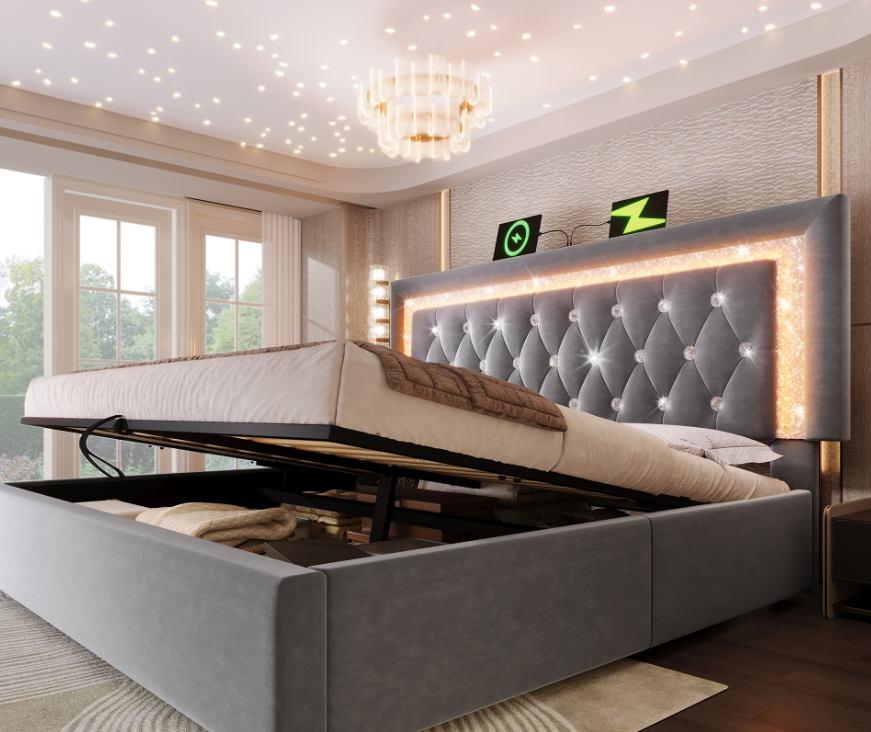 Upholstered Double Bed 140x200cm Hydraulic Storage LED Headboard USB/Type-C Velvet Grey